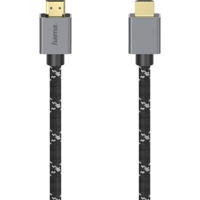 Obrázek černého HDMI kabelu s kovovými konektory, označený logem 'hama'. Kabel je opletený pro zvýšenou odolnost.
