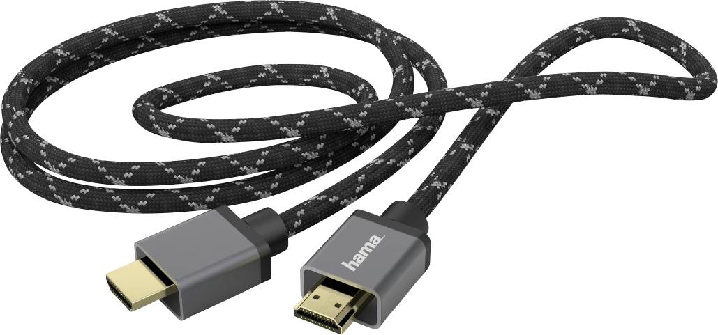 HDMI kabel s tkaným pláštěm a pozlacenými konektory, vhodný pro přenos audia a videa.