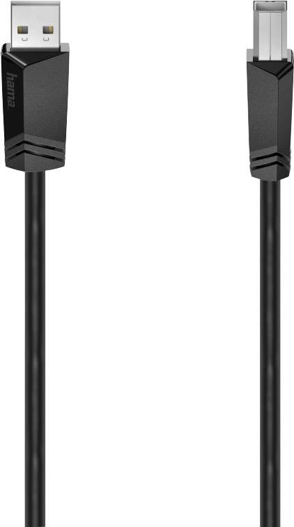 USB kabel se dvěma různými konektory: vlevo standardní USB-A, vpravo USB-B. Vhodný pro připojení tiskáren nebo scannerů.