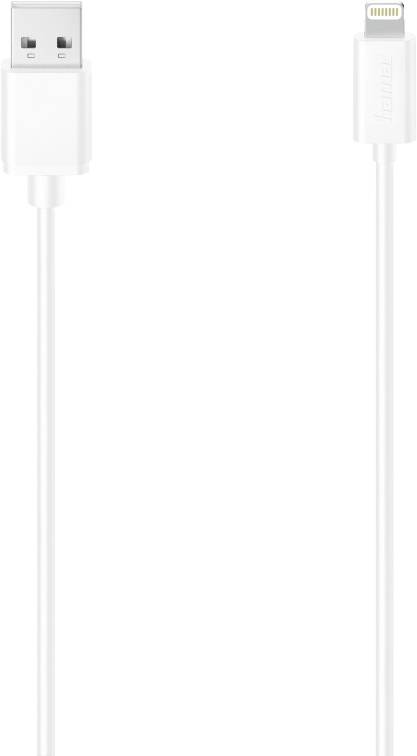 Bílý kabel USB-Lightning, který se používá k nabíjení a přenosu dat pro zařízení Apple.