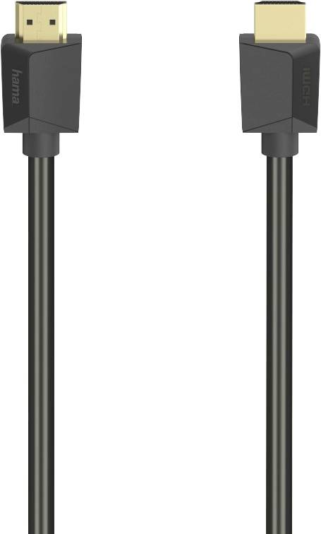 Černý HDMI kabel se zlatými konektory, vhodný pro digitální přenos videa a audia.