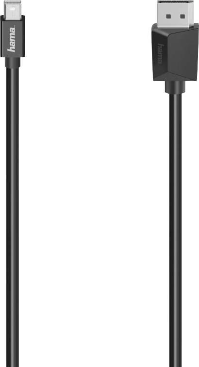 Černý DisplayPort kabel od značky Hama se dvěma konektory, jedním velkým a jedním malým, vhodný pro počítačové připojení.
