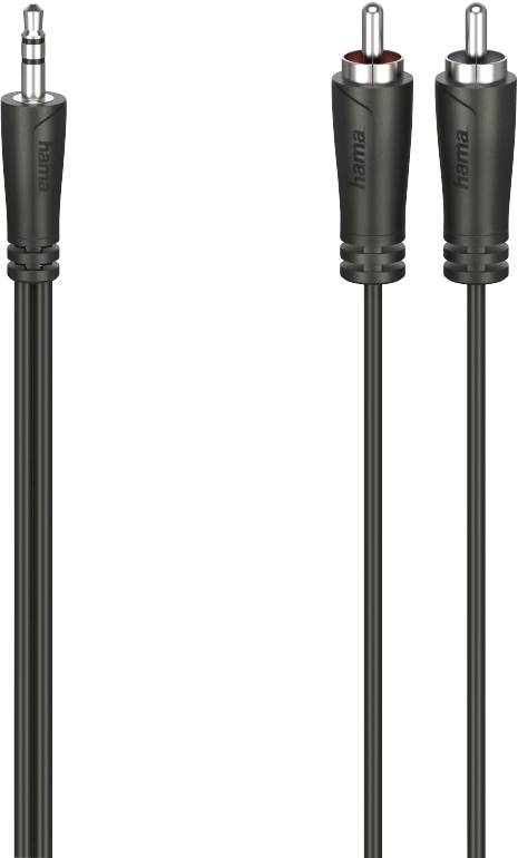 Černý audio kabel s 3,5mm jack konektorem a dvěma cinch konektory, běžně používaný pro připojení audio zdrojů k reproduktorům.