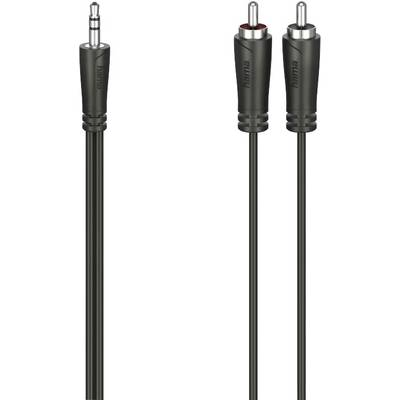 Černý audio kabel s 3,5mm jack konektorem a dvěma cinch konektory, běžně používaný pro připojení audio zdrojů k reproduktorům.