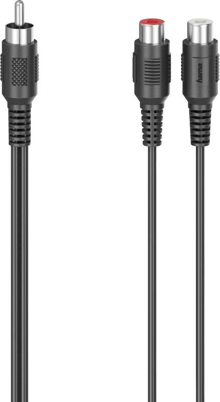 Černý RCA kabel s jedním samčím a dvěma samičími konektory, používaný pro audio a video zařízení.