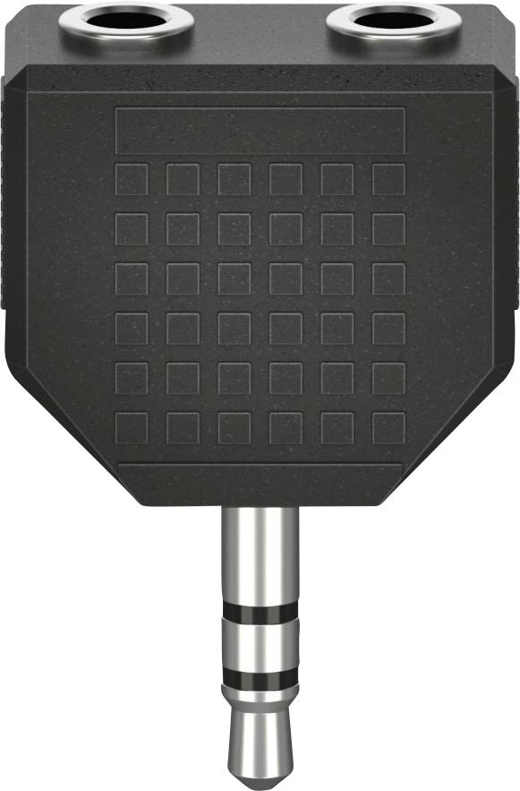 Černý audio rozbočovač s 3,5mm jackem dole a dvěma zdířkami nahoře, vhodný pro připojení několika sluchátek.