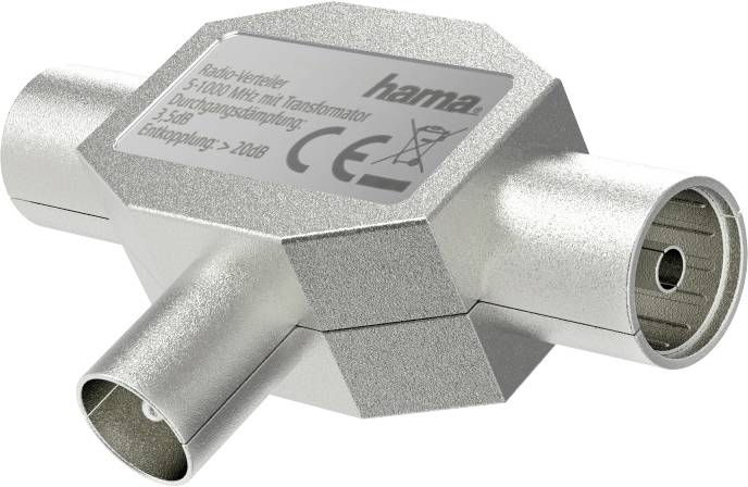 Kovový koaxiální rozbočovač se dvěma výstupy a jedním vstupem, vhodný pro rádiové frekvence v rozsahu 5-1000 MHz, podporující útlum přesahující 20 dB.