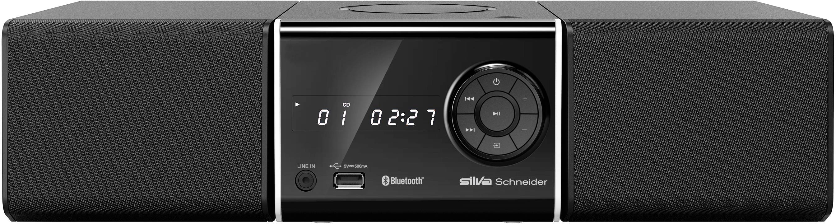 Kompaktní audiosystém s rádiem, CD přehrávačem a funkcí Bluetooth. Na digitálním displeji zobrazuje čas 1:22:27.