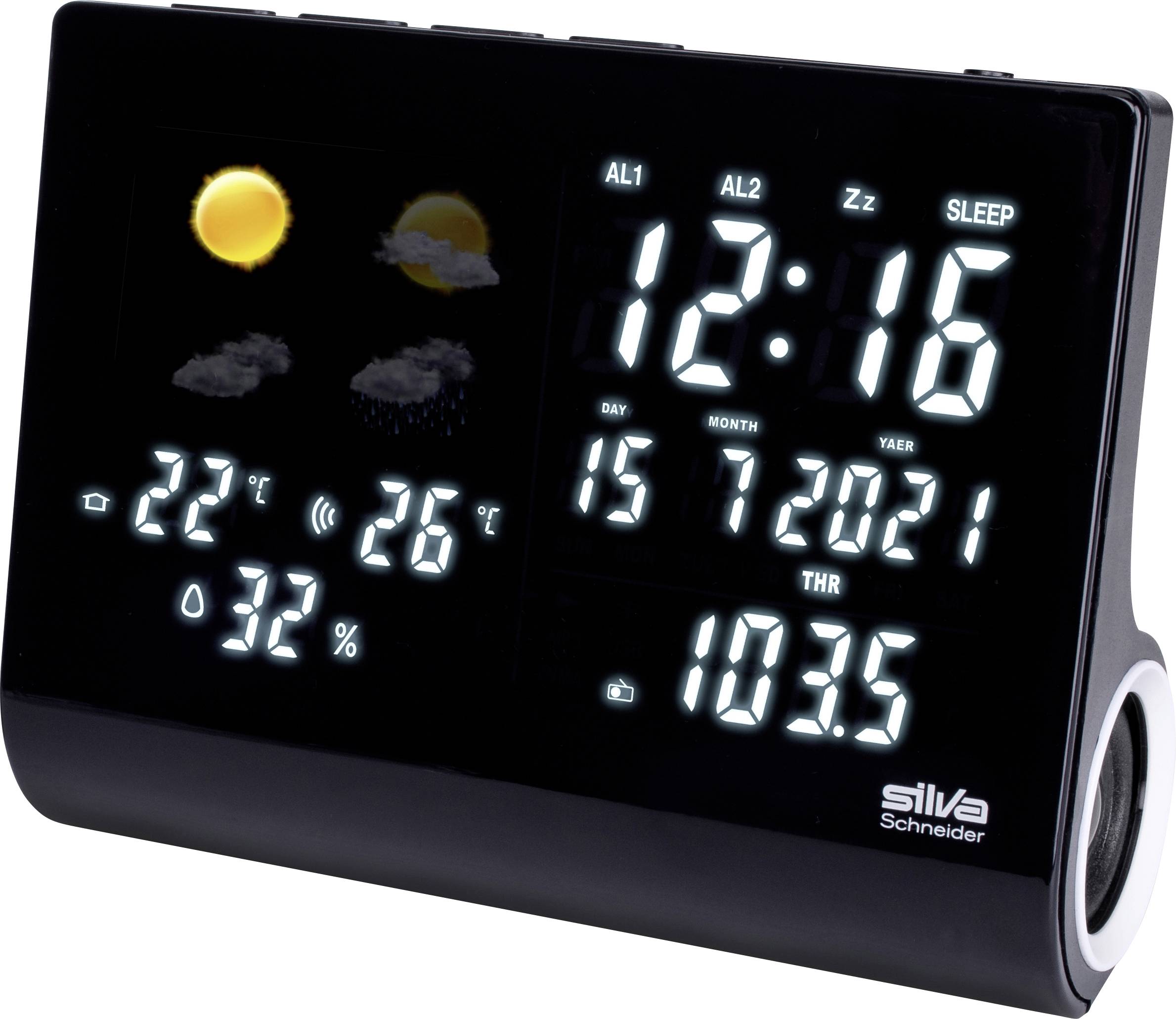 Digitální budík s předpovědí počasí. Čas: 12:16, Datum: 15.07.2021, Teplota: 22°C, Vlhkost vzduchu: 32%, Počasí: Slunce a déšť.
