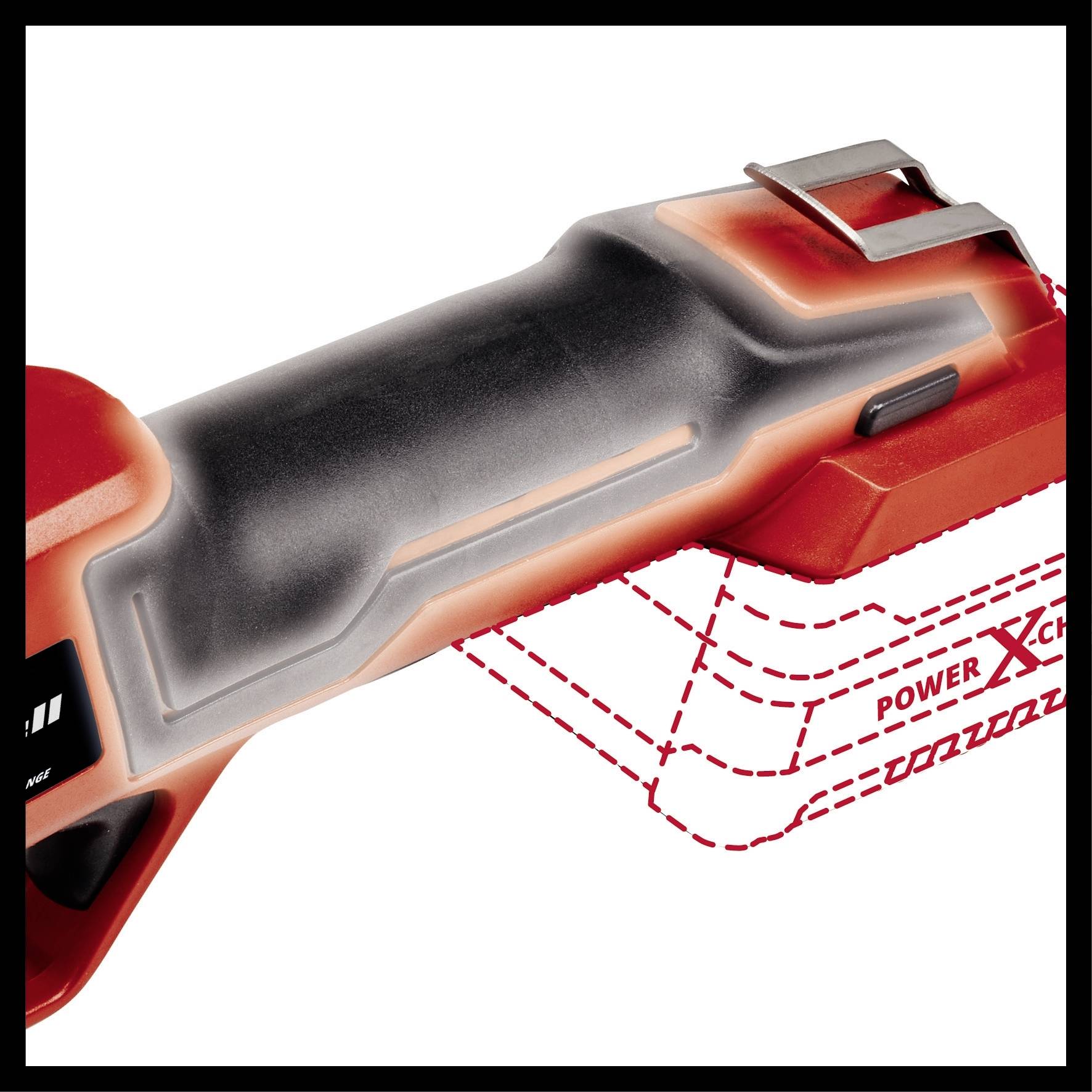 Akumulátor nářadí s ergonomickým designem je zvýrazněn. Stylizovaný kabel v červené barvě ukazuje nezaměnitelnou technologii Power-X.