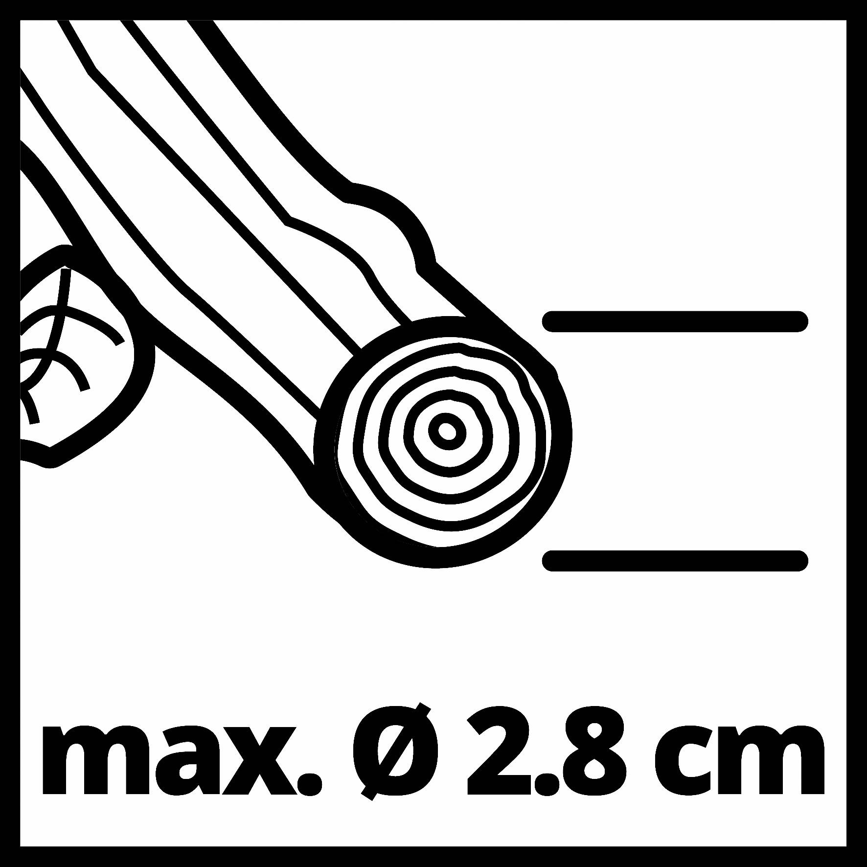 Větev stromu s maximálním průměrem 2,8 cm, zobrazená vedle řezné linie.