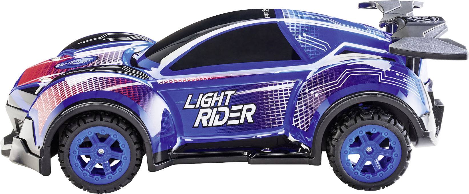 Hračkářské auto ve futuristickém designu, modré s nápisem 'Light Rider' na boku.