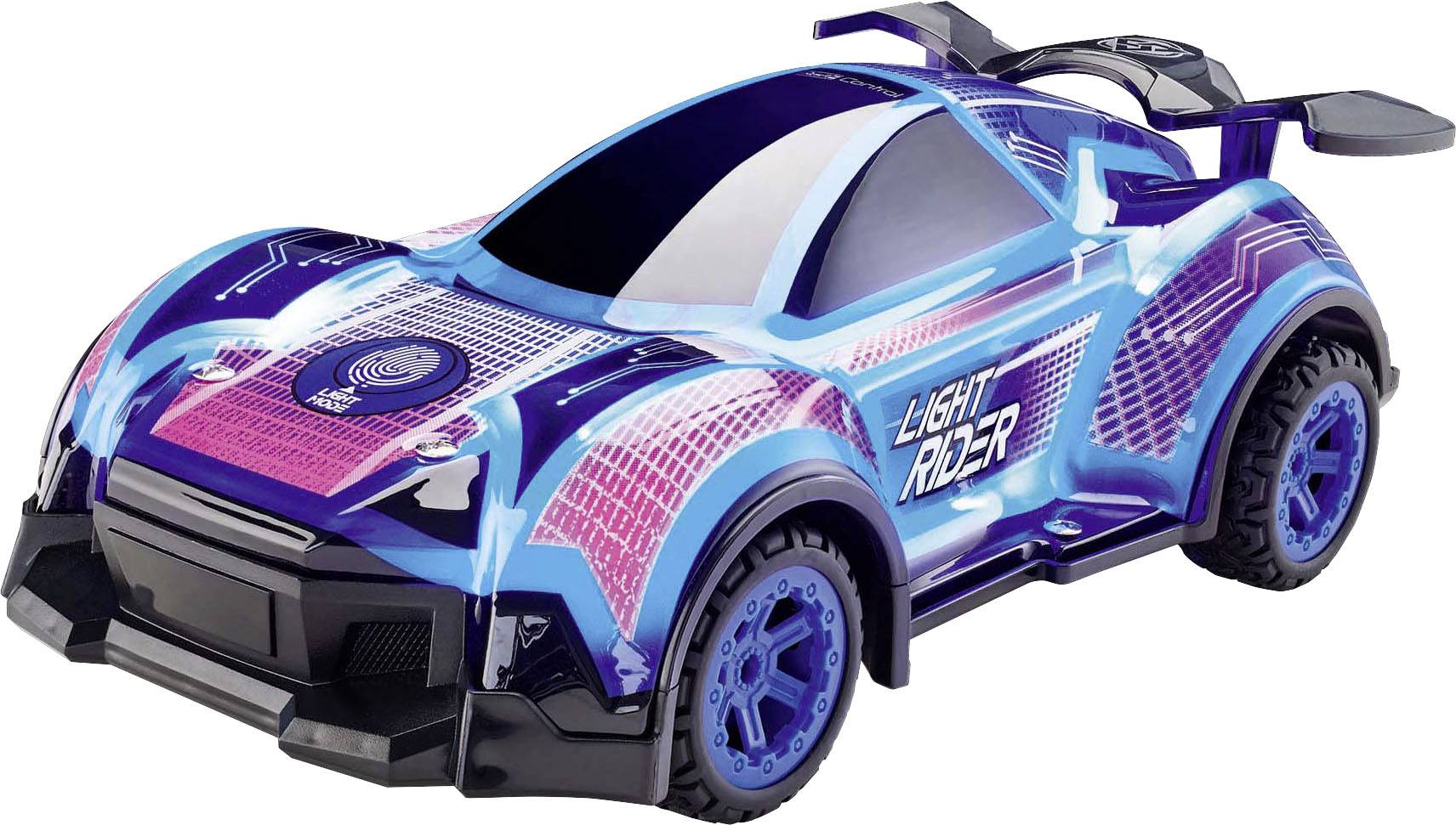 Modré hračkové auto s futuristickým designem a nápisem 'LIGHT RIDER' na boku.