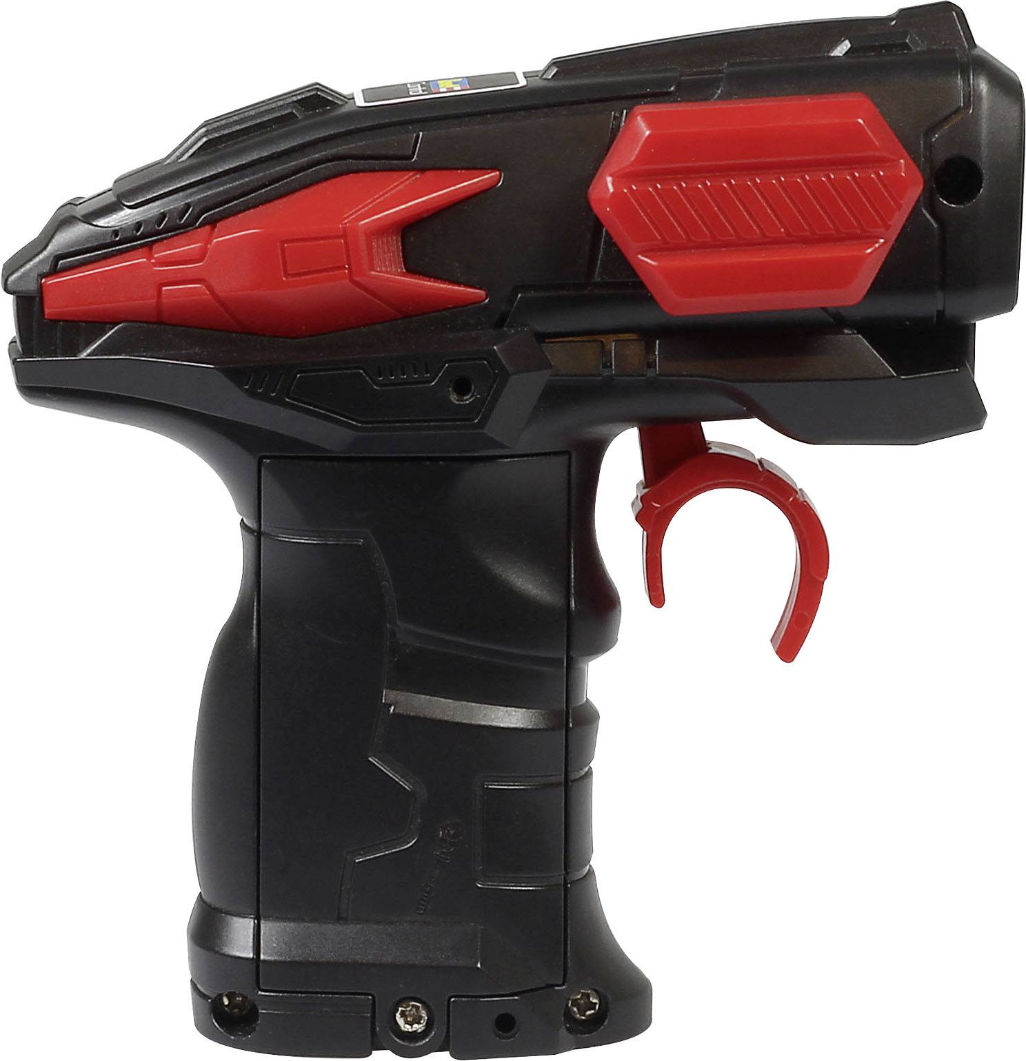 Černý a červený hračkářský laser s ergonomickou rukojetí a futuristickým designem.