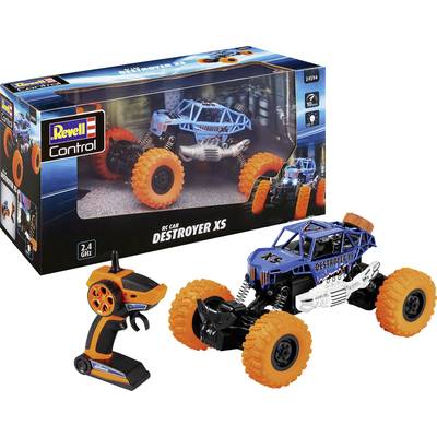 RC model auta 'Destroyer XS' od Revell s dálkovým ovládáním. Auto je modré s oranžovými pneumatikami. Balení zobrazuje obrázek a detaily.