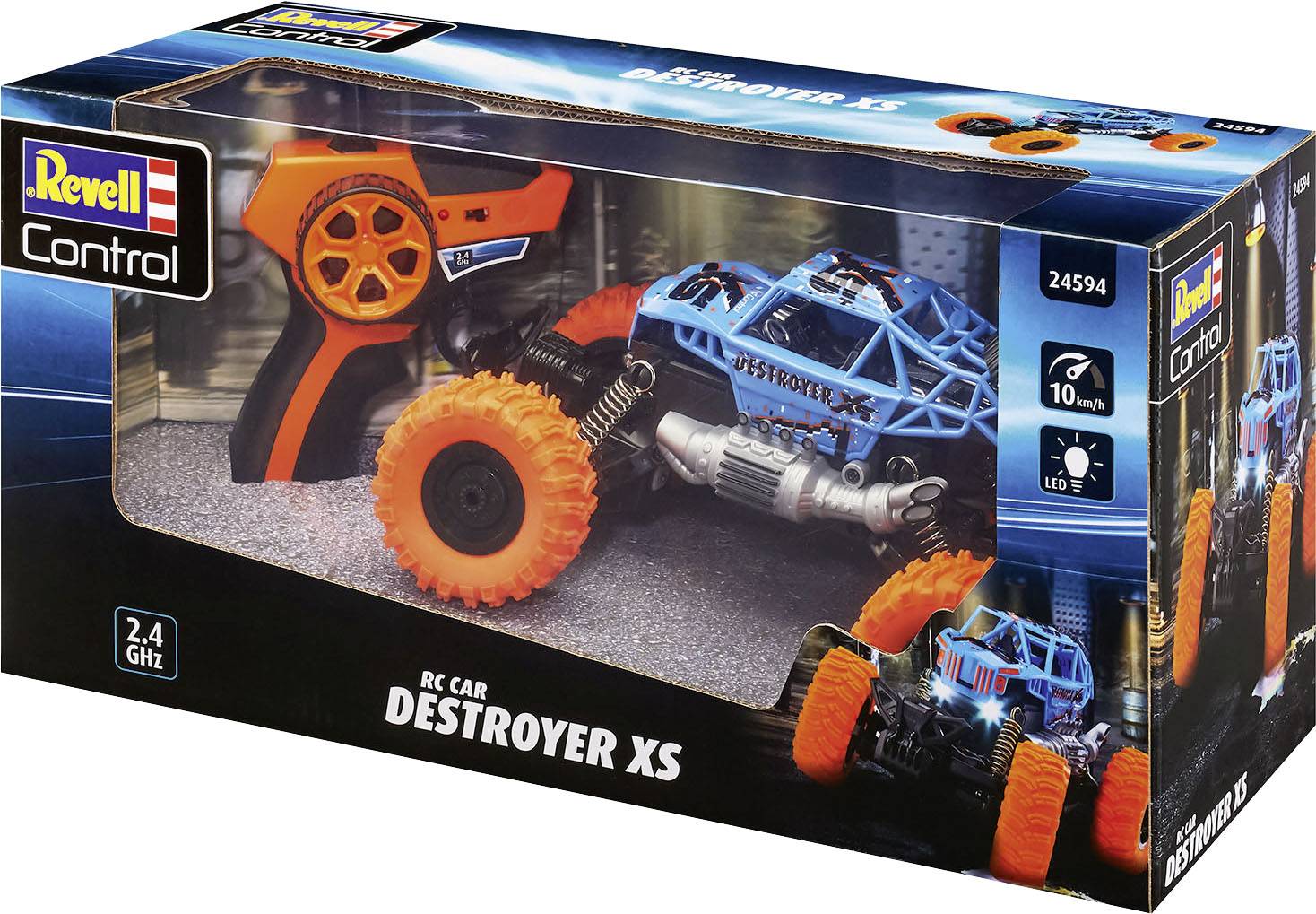 Balení RC auta Revell Control 'Destroyer XS' s modrým offroad designem a dálkovým ovládáním, vhodné pro děti od 10 let.