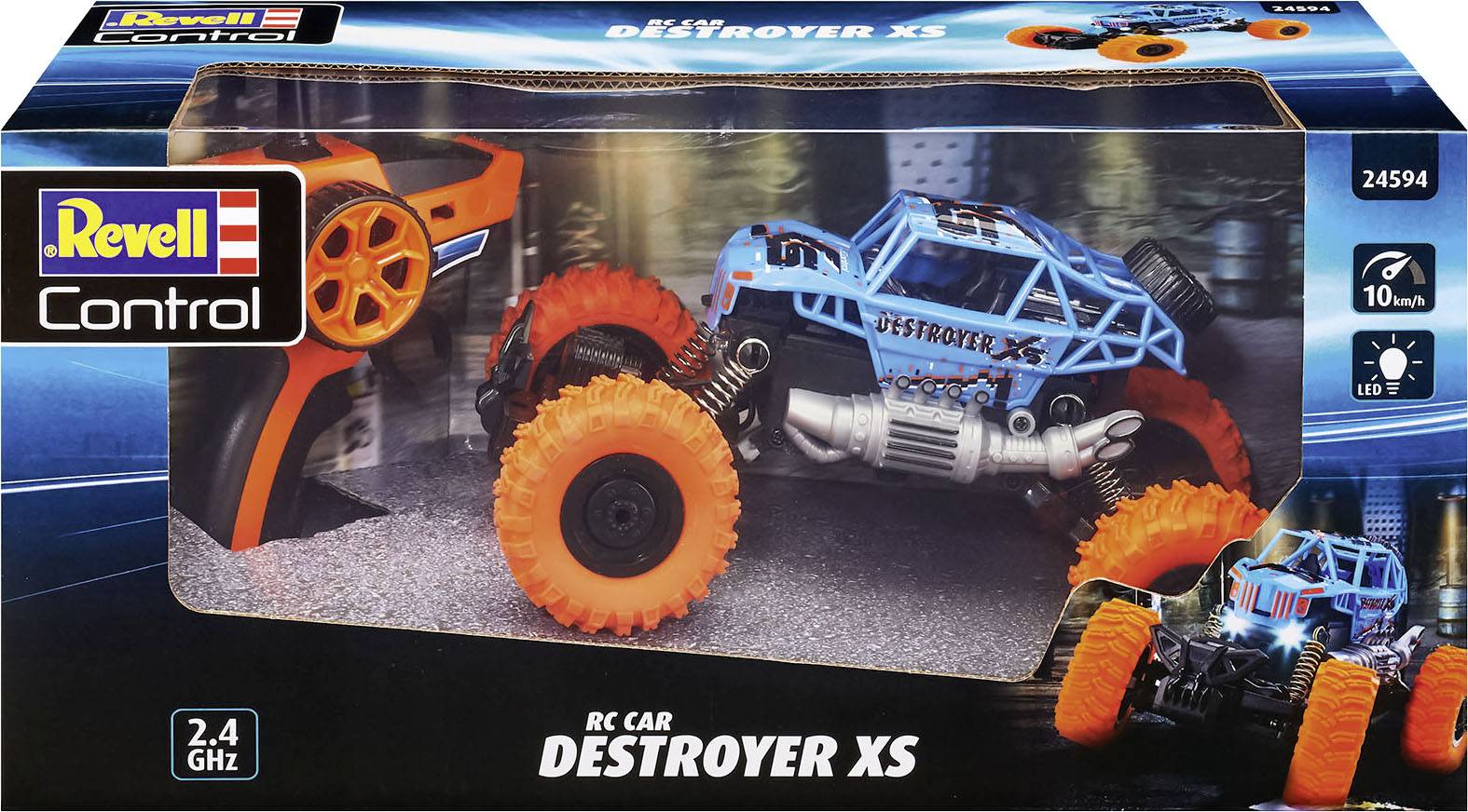 RC model auta Revell Control 'Destroyer XS' v balení. Obsahuje modré vozidlo s oranžovými koly a černě-oranžový dálkový ovladač.