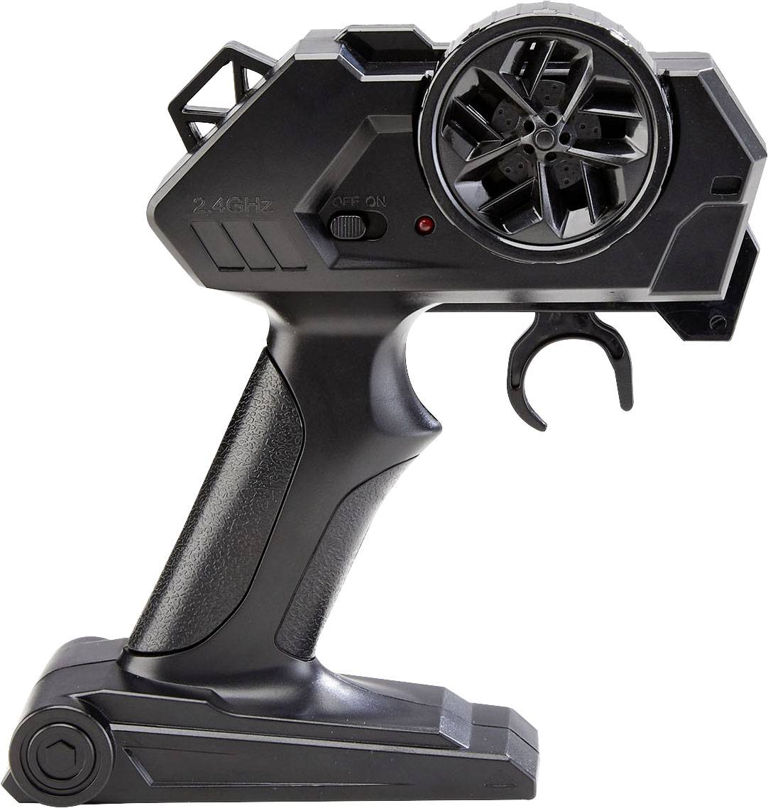 Černý ovladač pro RC modely, ve tvaru pistole, s velkým ovládacím kolem vpravo a spouští dole.