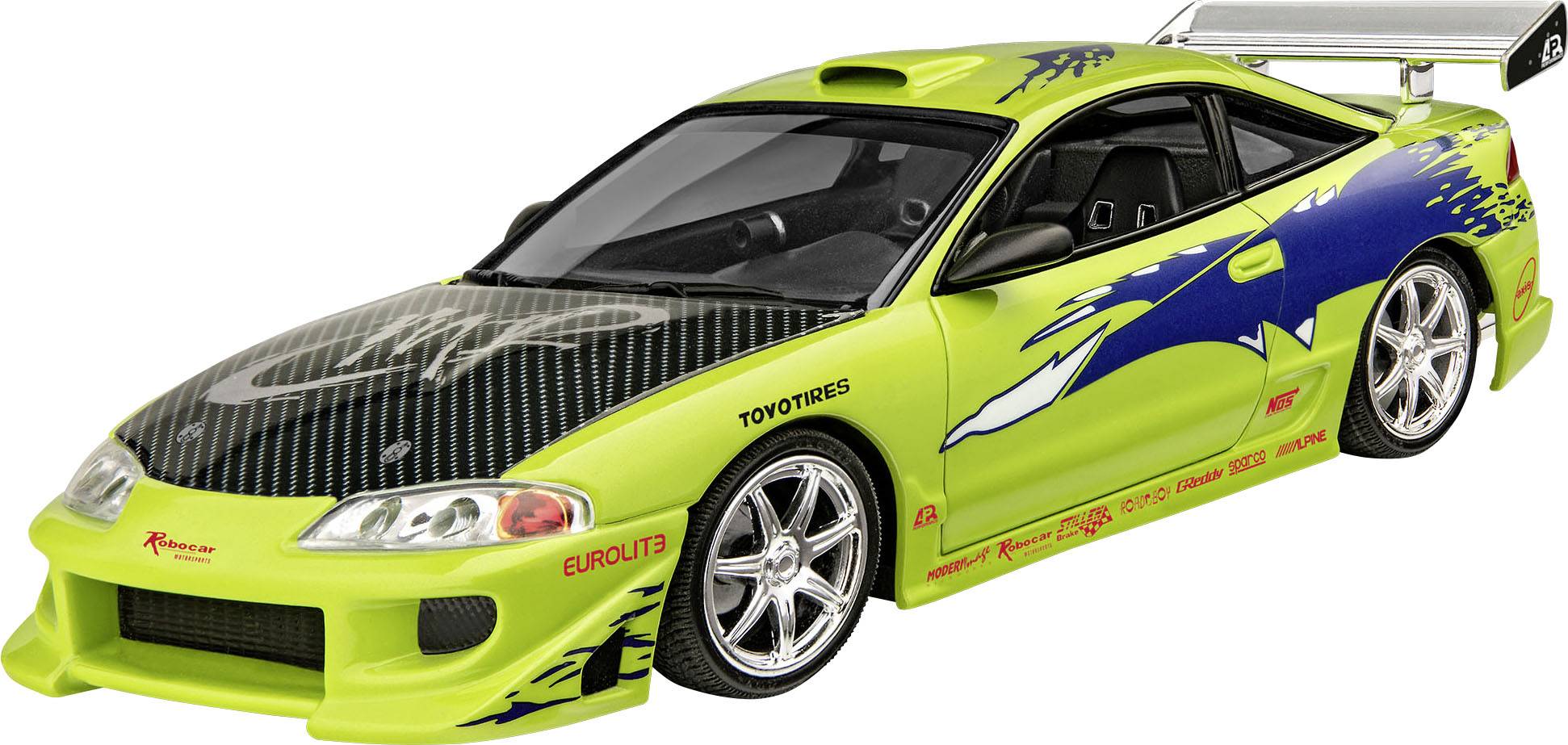 Zářivě zelené sportovní auto s nápadnými modrými a černými grafickými prvky. Má vysoký spoiler a lesklé ráfky.