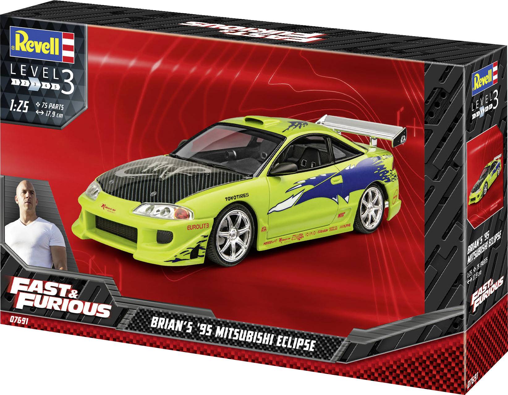 Modelářská sada Revell v měřítku 1:25, 'Fast & Furious Brianova Mitsubishi Eclipse z roku '95', úroveň obtížnosti 3, včetně podrobného popisu.