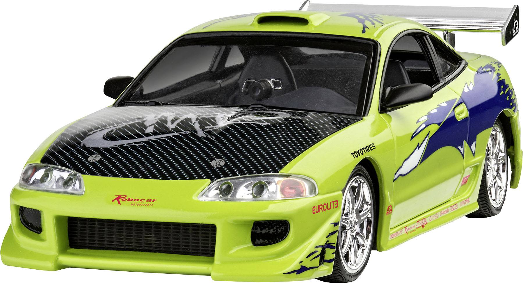 Zelené sportovní auto s modrými a černými grafikami, velkým zadním křídlem a logy. Modelové auto v měřítku s detailním designem.