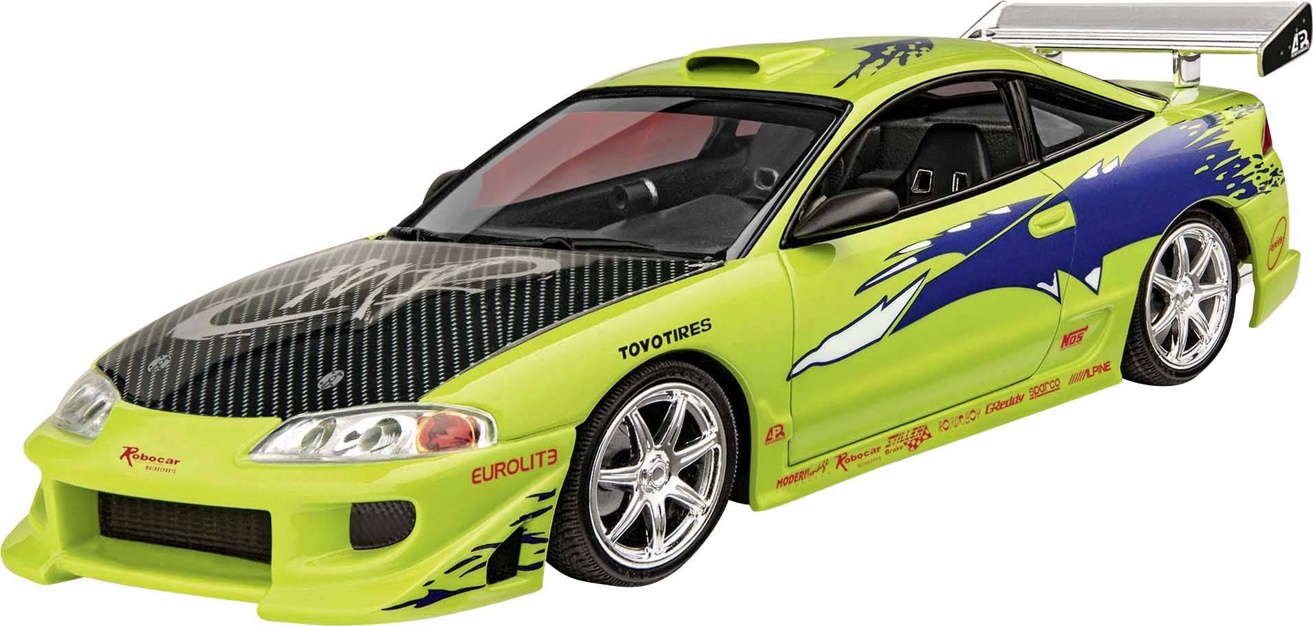 Světlé sportovní auto s green lakováním, modrými grafickými prvky a spoilerem. Sportovní pneumatiky s stříbrnými ráfky, závodní vzhled.