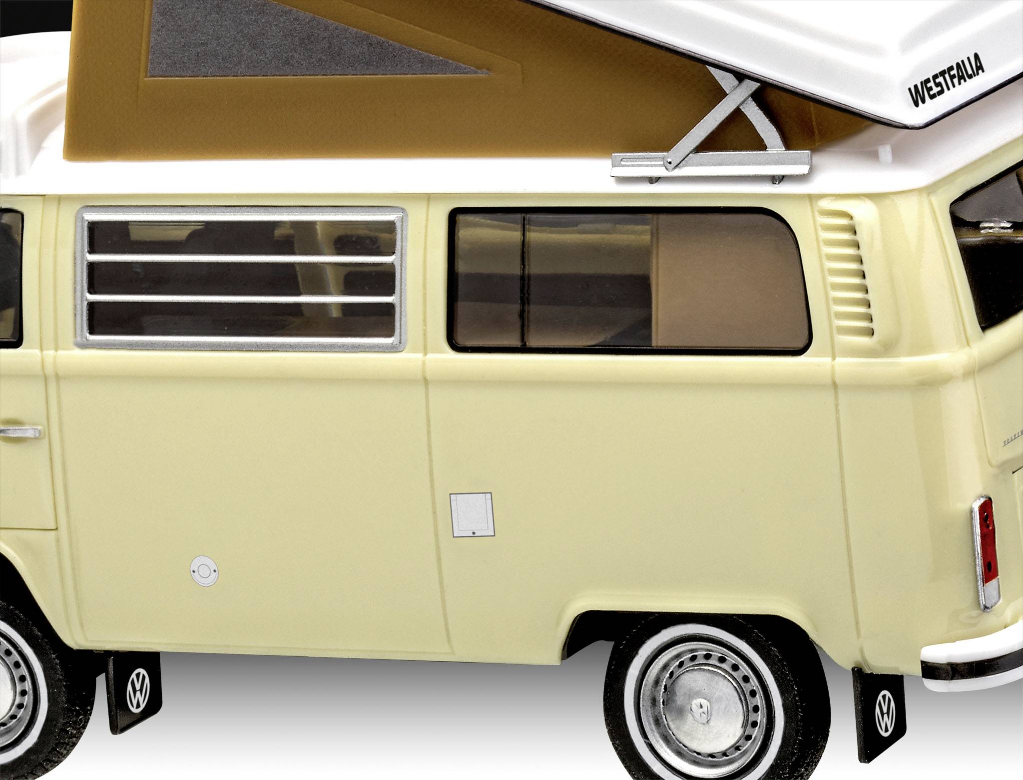 Krémový VW bus s vyklopenou bílou střechou. Vlevo jsou vidět okna se žaluziemi. Nahoře nápis 'WESTFALIA'.