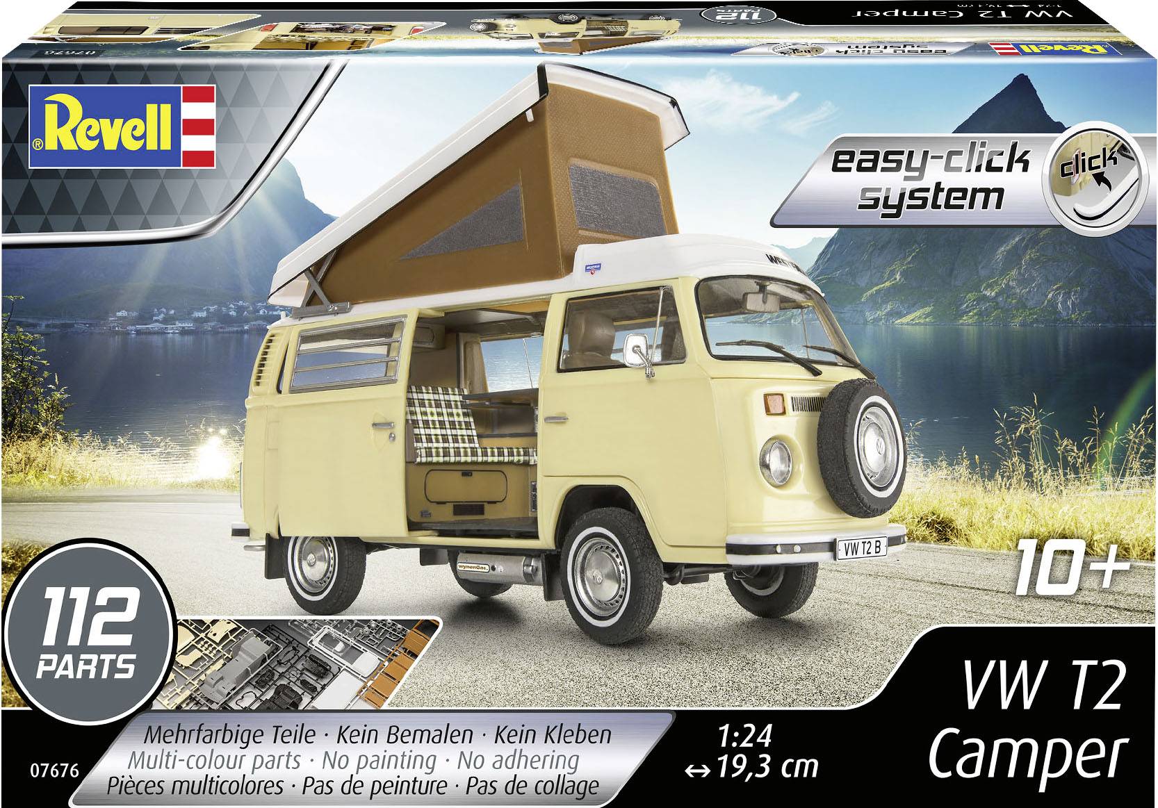 Stavebnice VW T2 Camper od Revell v měřítku 1:24, 112 dílů, vhodná pro děti od 10 let, bez nutnosti lepení nebo malování.