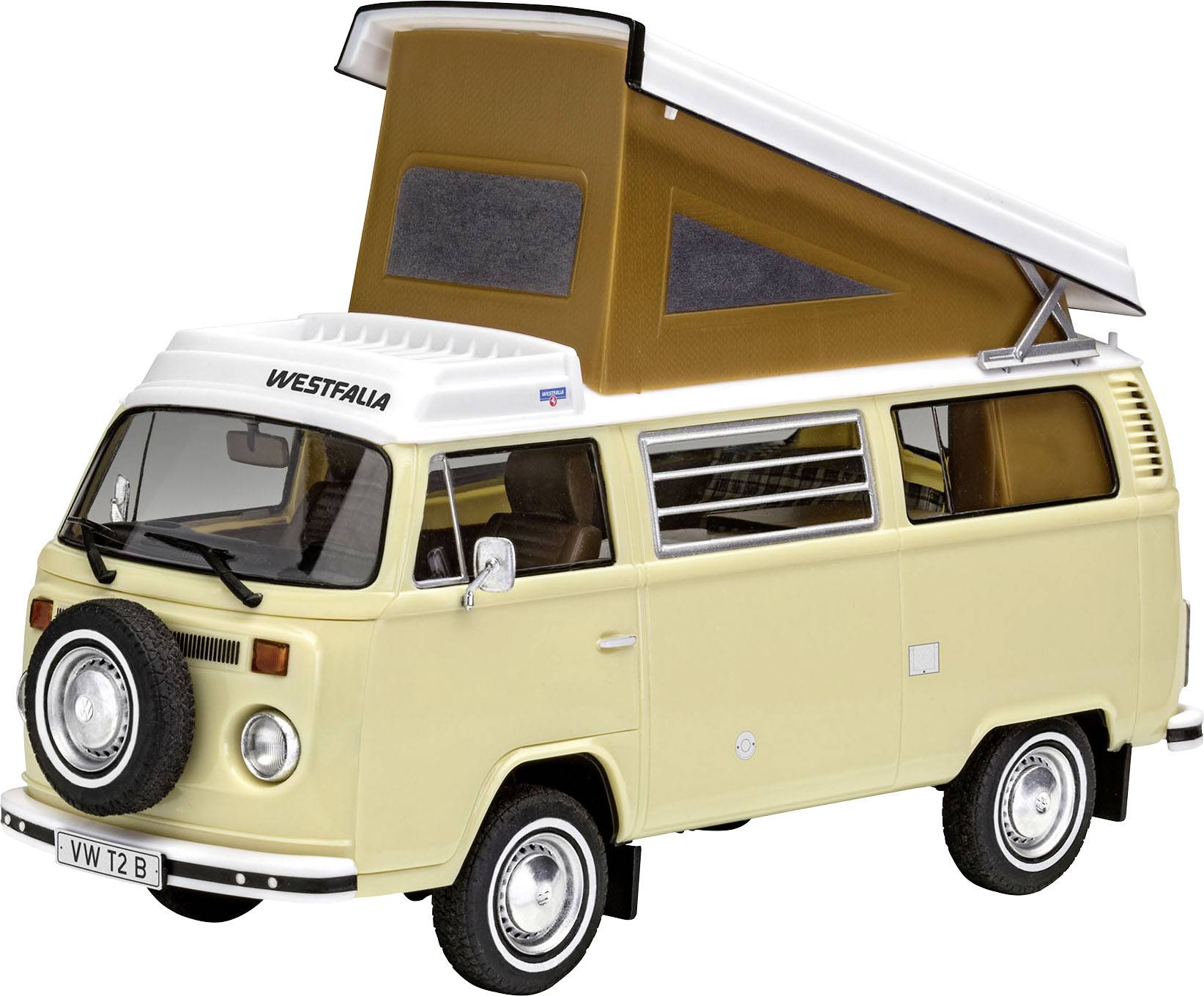 Žlutý VW bus ve stylu Westfalia s vybavenným střešním stanem. Přední strana ukazuje náhradní kolo; boční okna jsou částečně otevřená.