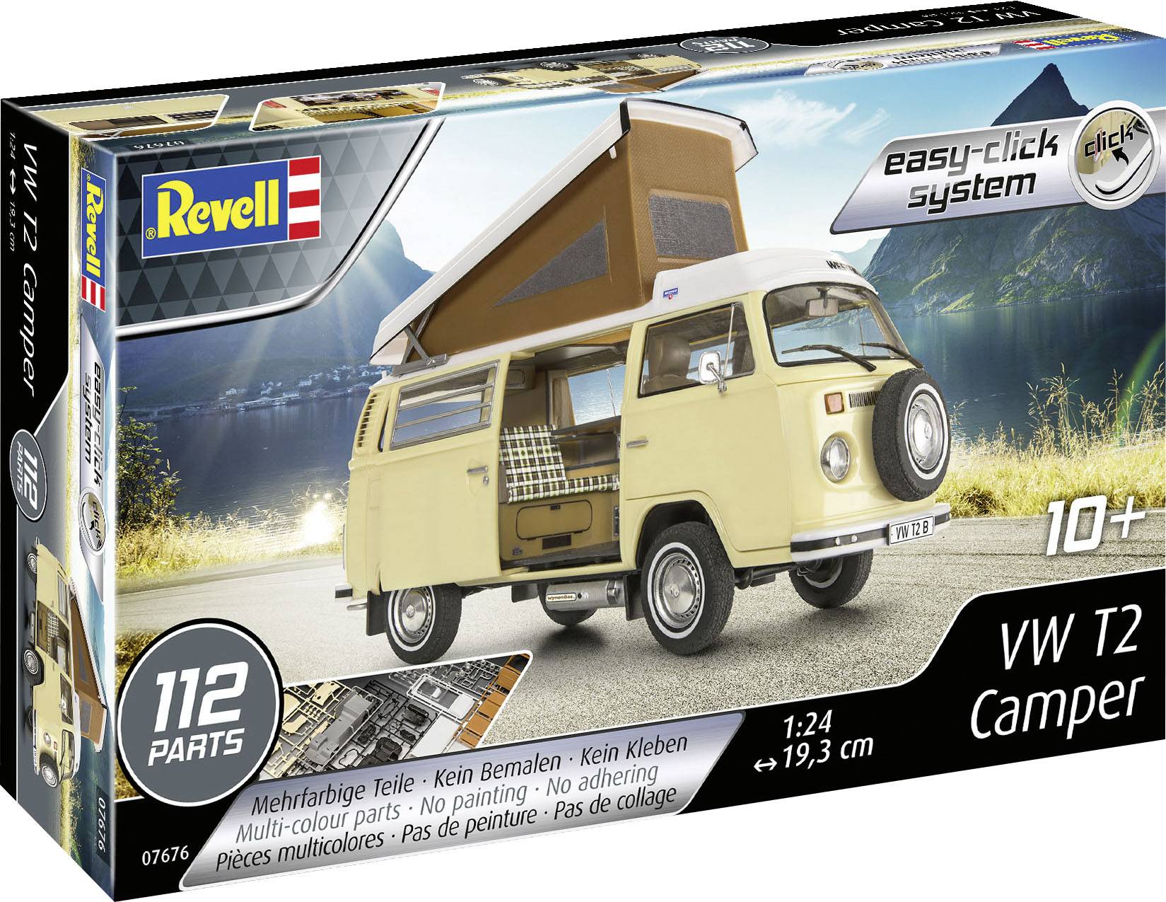 Stavebnice pro VW T2 Camper, 112 dílů, vhodná od 10 let. Bez potřeby malování nebo lepení. Ideální pro nadšence modelářství.