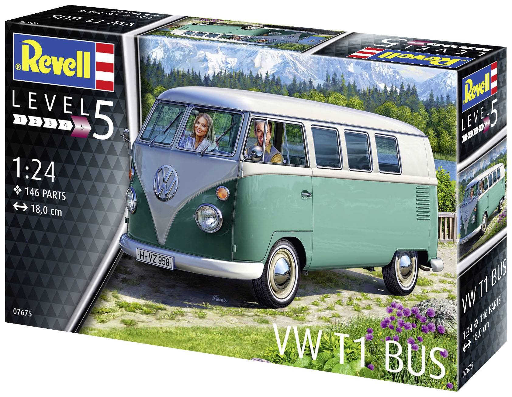 Stavebnice VW T1 autobusu od Revell, měřítko 1:24, 146 dílů. Obal zobrazuje autobus před horskou krajinou s osobami uvnitř vozidla.
