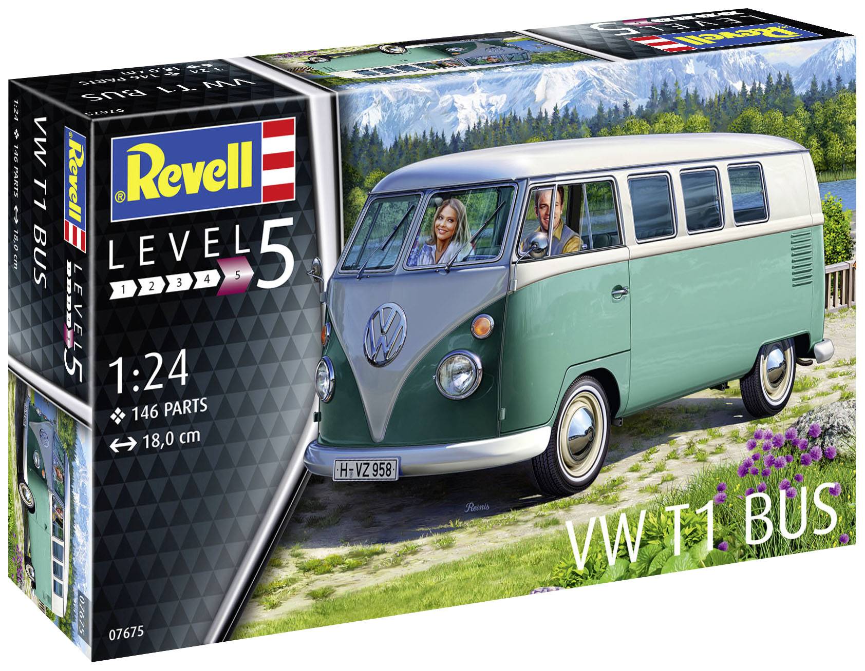 Balení modelu stavebnice Revell, úroveň 5, VW T1 Bus v měřítku 1:24. Obsahuje 146 dílů, sestavený model je 18 cm dlouhý.