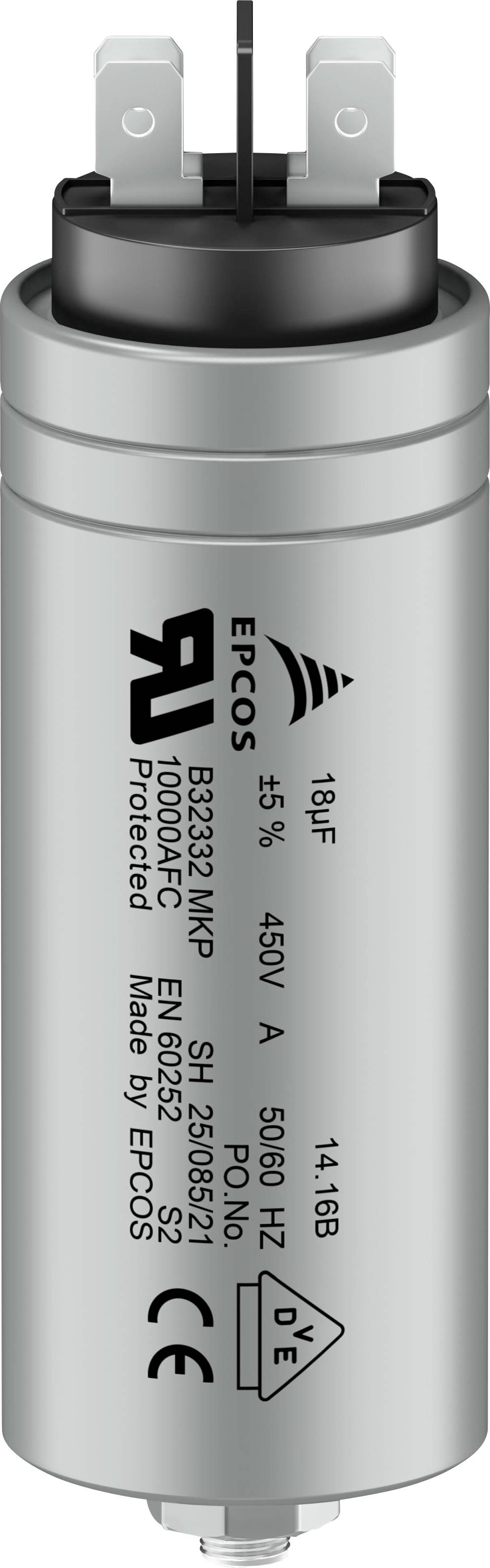 Válcový kondenzátor s označením 'EPCOS 18uF ±5% 450V'. Horní strana s připojovacími svorkami, vhodný pro 50/60 Hz.