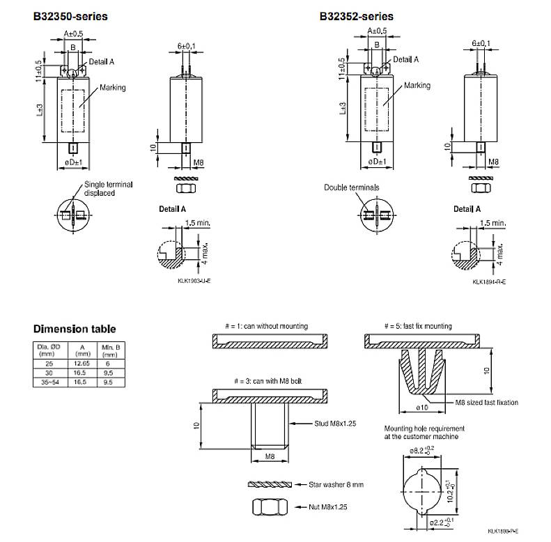 Technický výkres dvou sérií kondenzátorů, B32350 a B32352, s detaily upevnění, tabulkou rozměrů a diagramy.