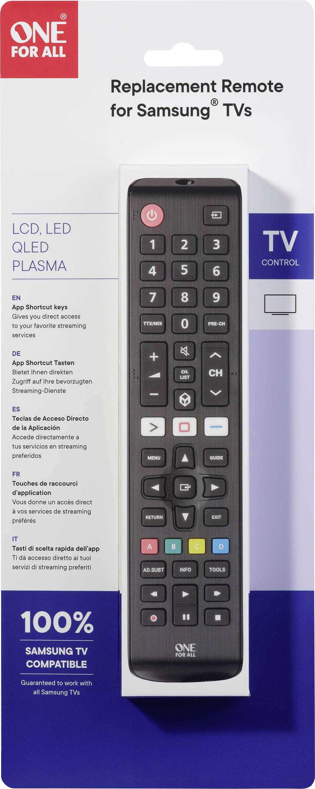Univerzální dálkový ovladač pro Samsung TV s velkou klávesnicí. Balení ukazuje kompatibilitu pro různé typy televizorů a 100% pokrytí Samsung modelů.