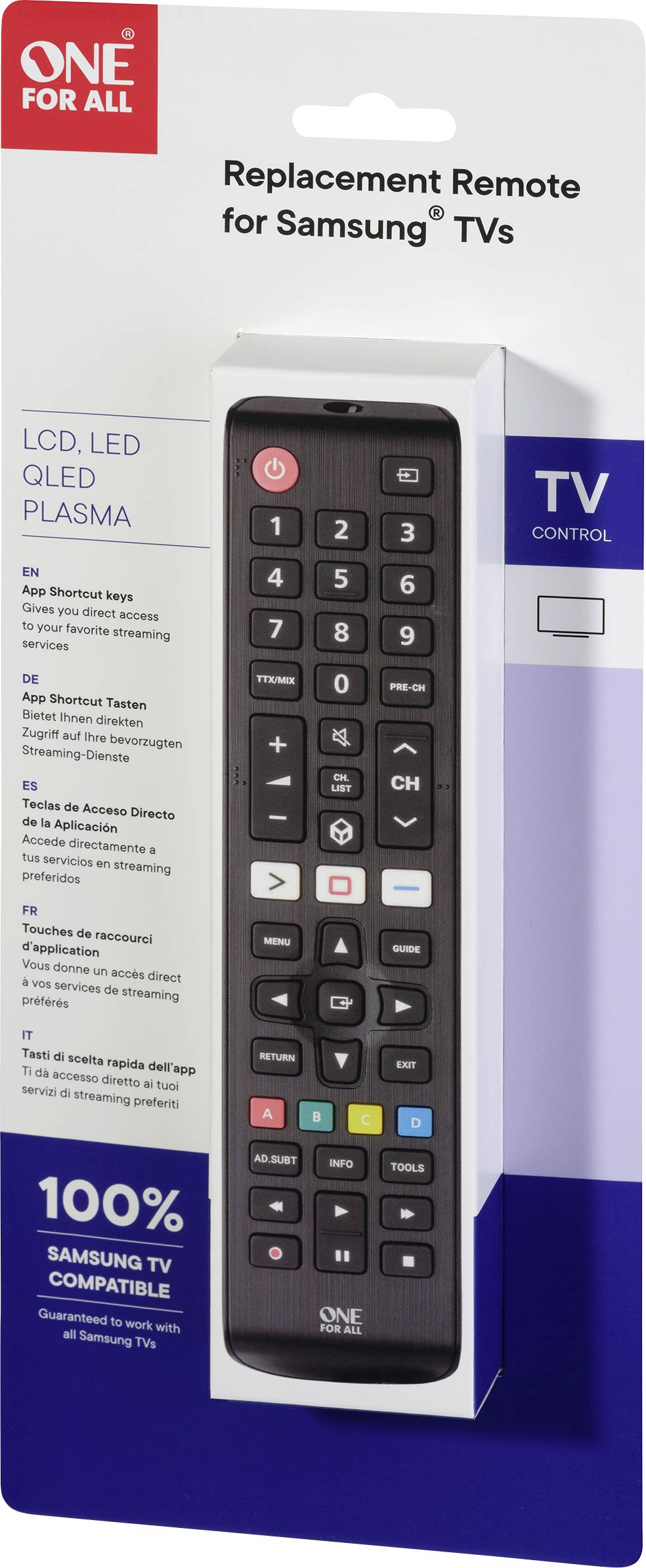 Náhradní dálkový ovladač pro televizory Samsung. Balení zobrazuje černý dálkový ovladač s barevnými tlačítky a text v několika jazycích.