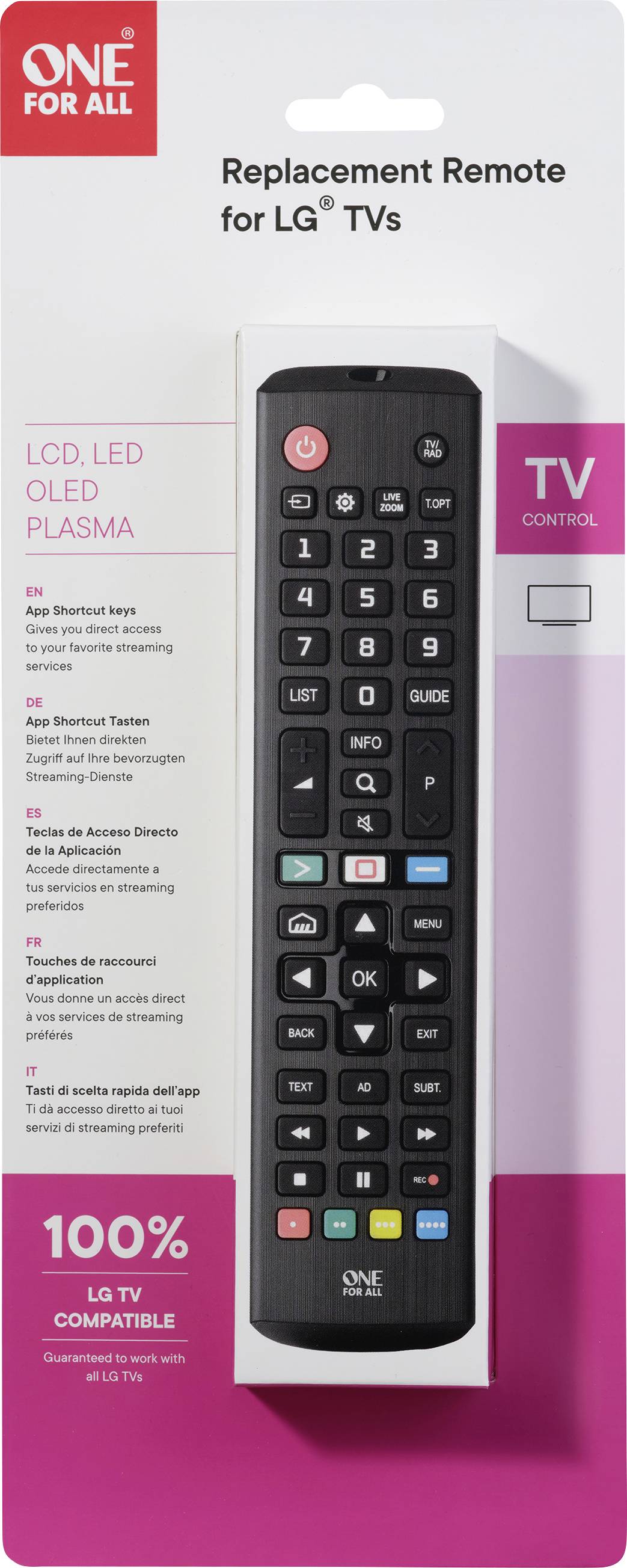 Náhradní dálkový ovladač pro TV LG s tlačítky pro ovládání televize, funkce Smart TV a příslušenství. Kompatibilní s LCD, LED, OLED, plazmovými televizory.