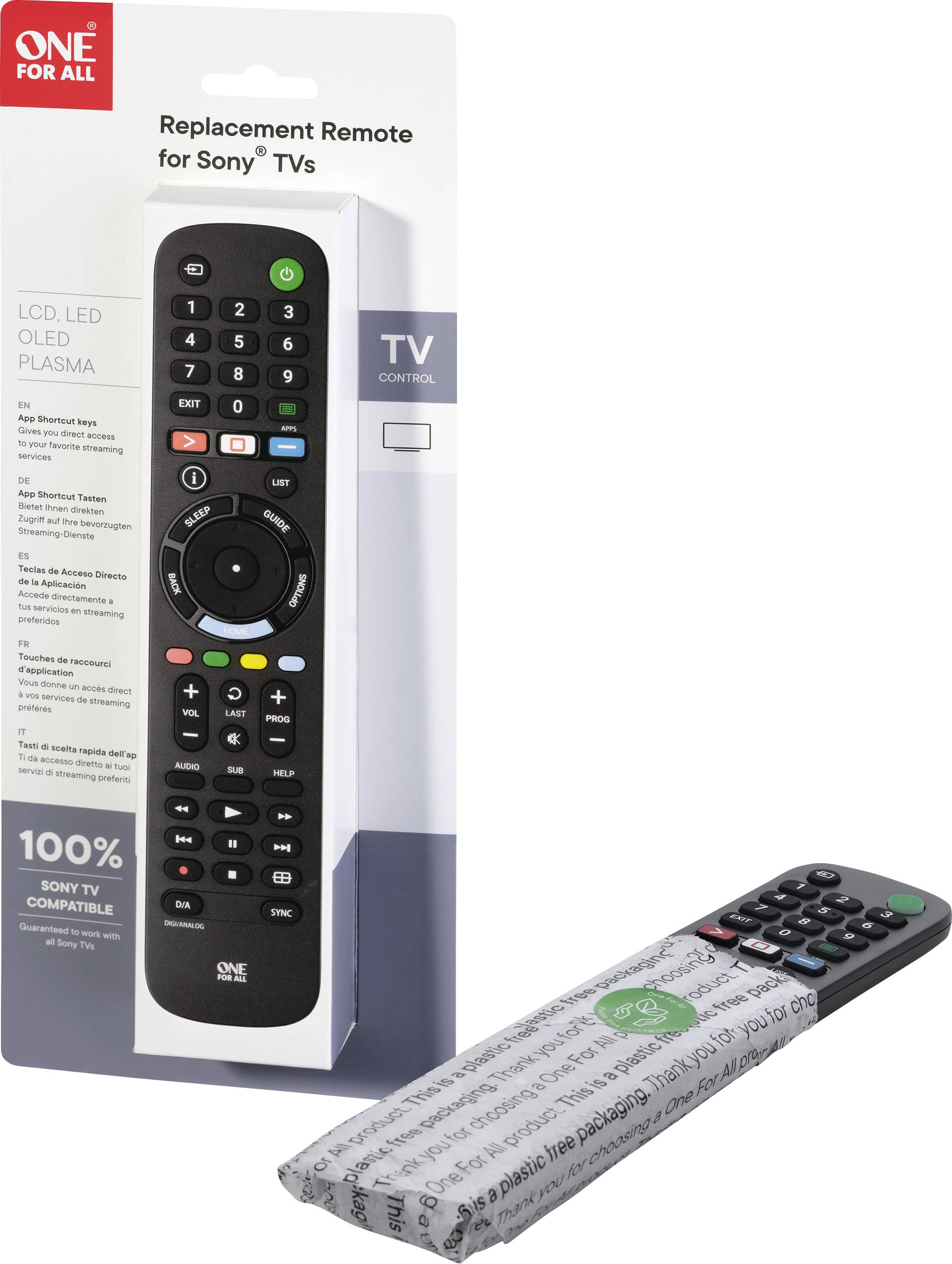 Na obalu stojí 'Náhradní dálkový ovladač pro Sony TV'. Zobrazuje černý dálkový ovladač s barevnými tlačítky a zeleným startovacím tlačítkem.