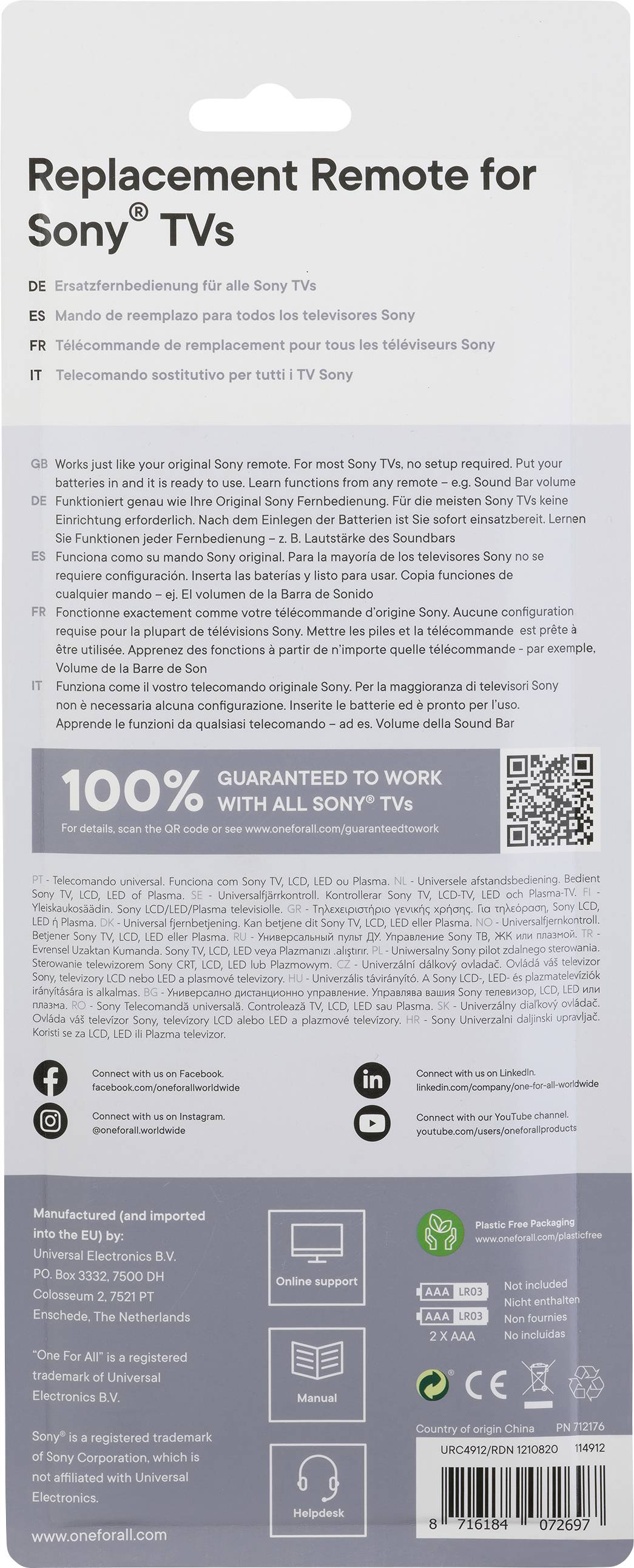 Dálkový ovladač pro Sony TV nahrazuje originál. 100% záruka kompatibility se všemi Sony televizory. Obsahuje jednoduché uživatelské instrukce.