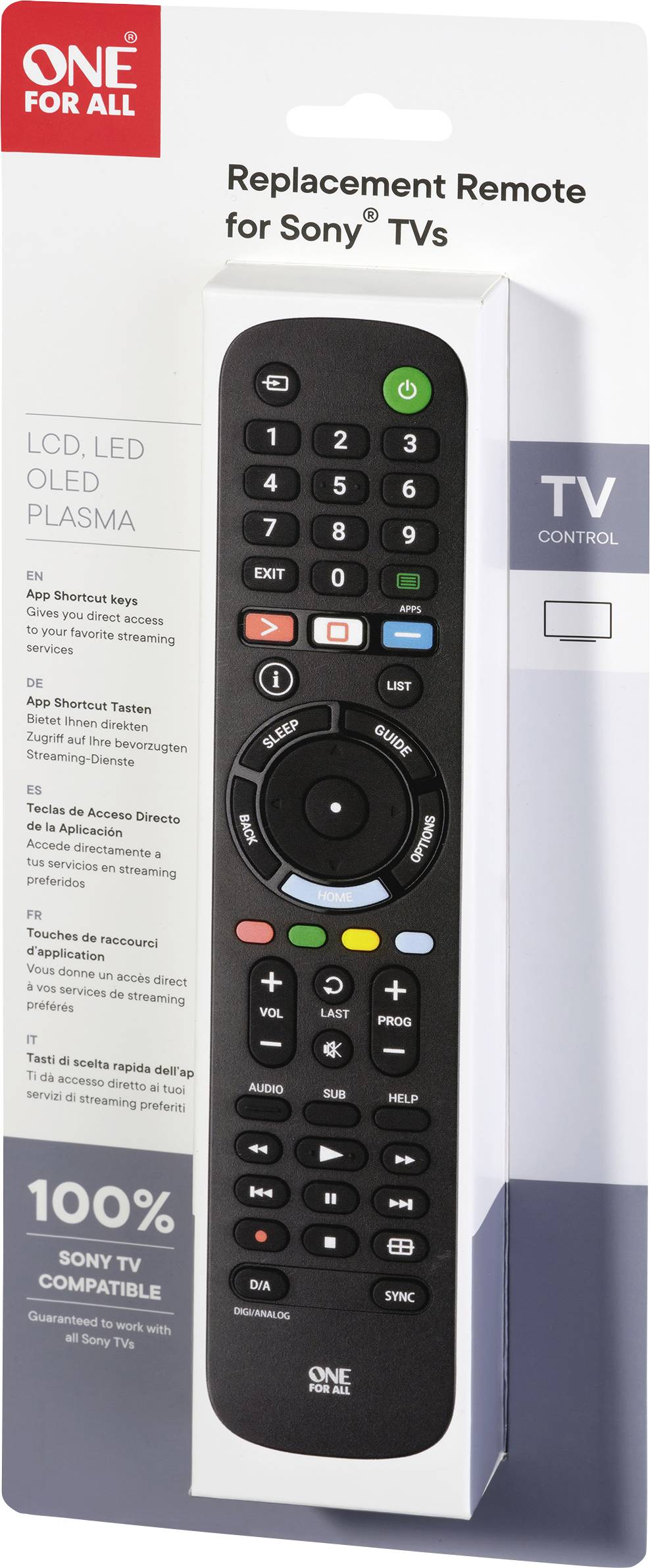 Náhradní dálkový ovladač pro Sony TV v balení, kompatibilní s LCD, LED, OLED, PLASMA. Označen jako 100% kompatibilní s televizory Sony.