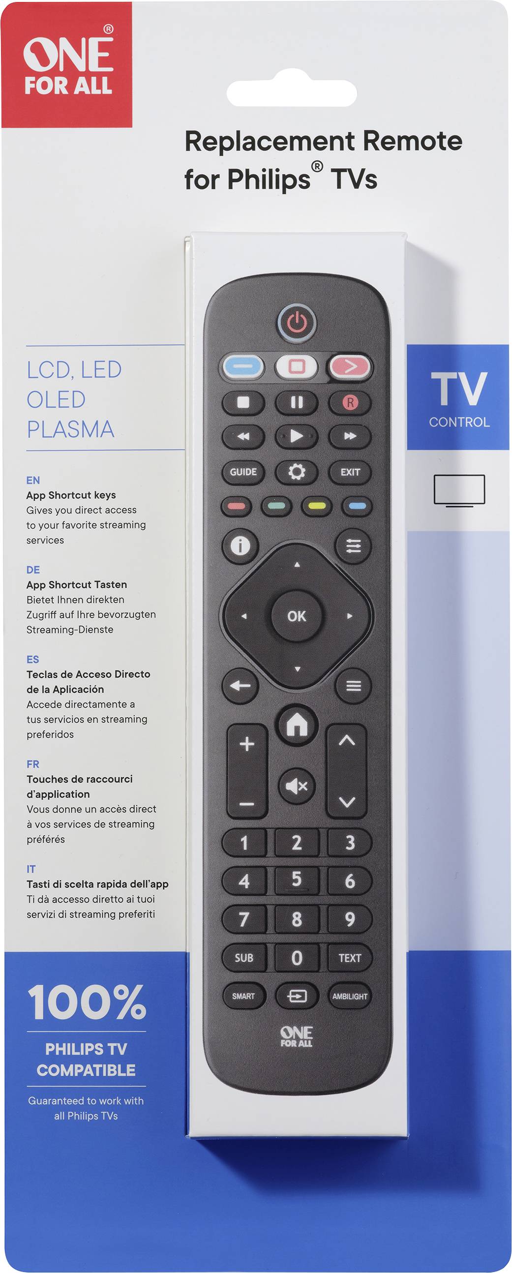 Náhradní dálkový ovladač pro televize Philips, zabalený v krabičce. Zobrazuje rozvržení tlačítek a funkční text: kompatibilní s televizemi Philips.