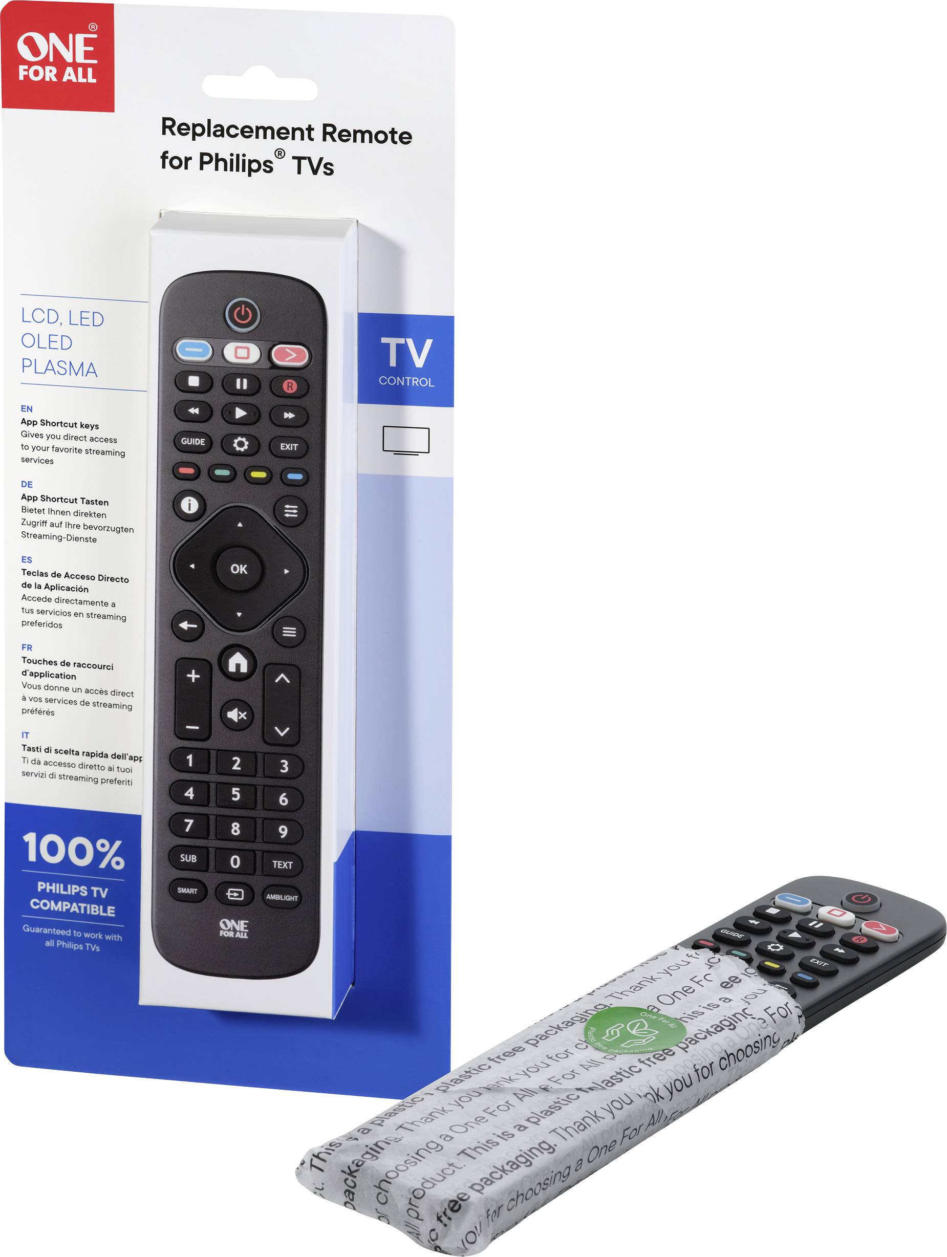 Univerzální dálkový ovladač pro televize Philips, zabalený v bílo-modré krabičce. Obsahuje tlačítka pro různé funkce.