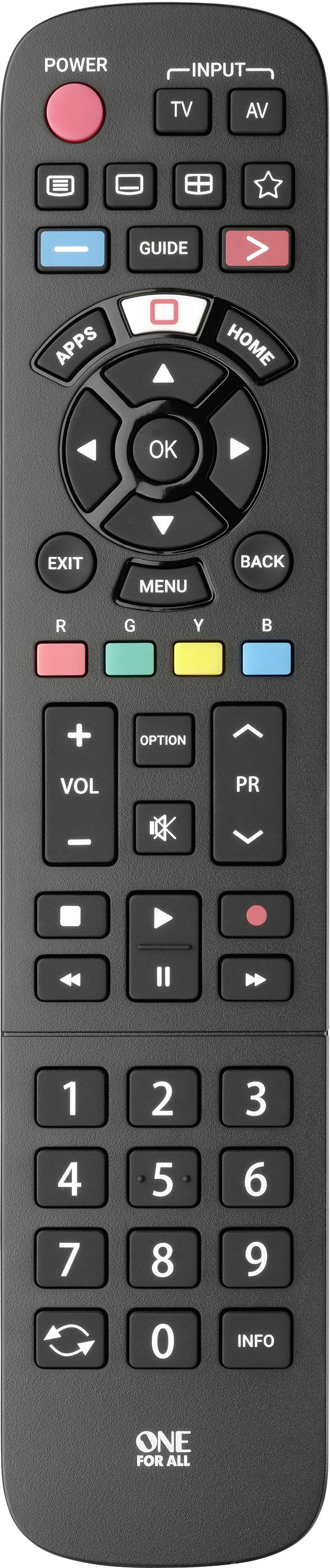 Černý dálkový ovladač s tlačítky pro zapnutí/vypnutí, TV, hlasitost, přepínání kanálů a navigaci.
