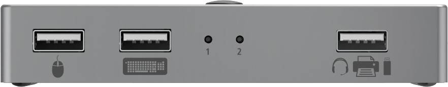Elektronické zařízení s dvěma USB porty a symboly myši a klávesnice vlevo a dalším připojením vpravo.