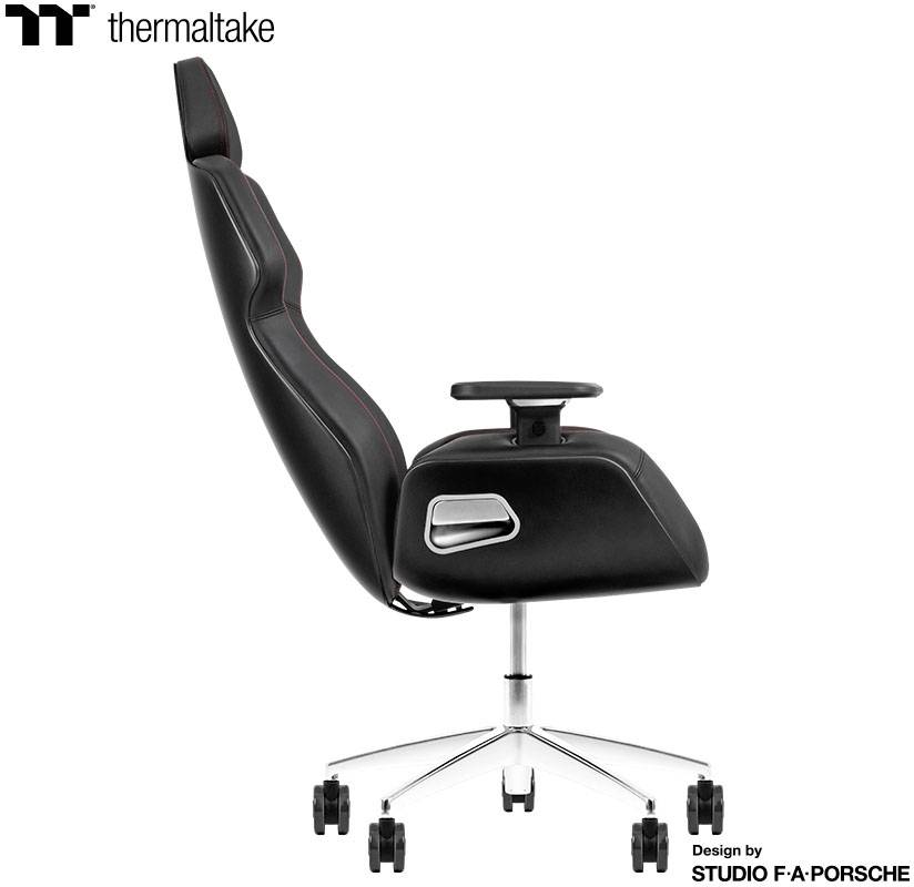 Černý ergonomický herní křeslo s vysokým opěradlem a područkami, navržený studiem F. A. Porsche, označený značkou 'Thermaltake'.