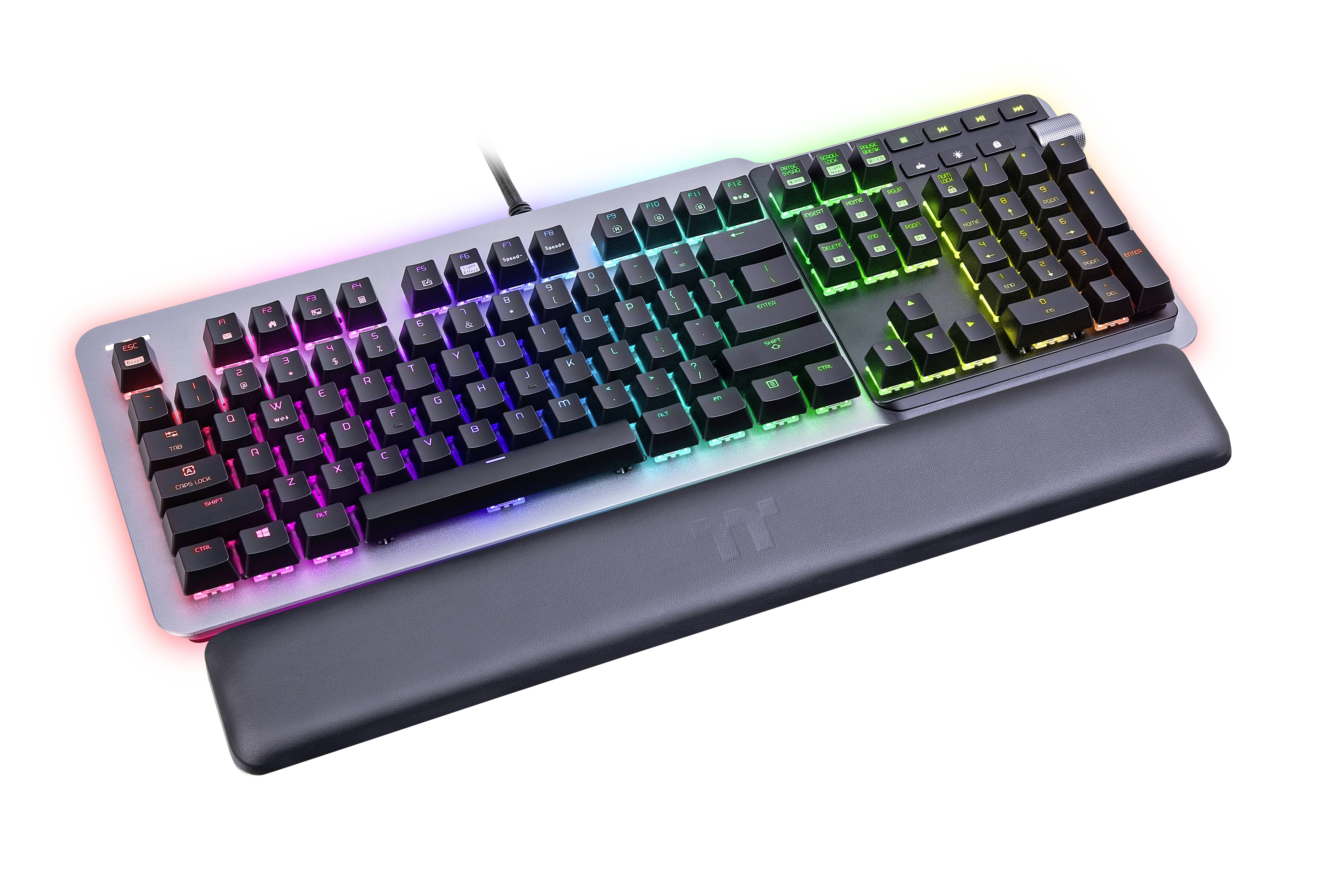 Mechanická klávesnice s RGB podsvícením a opěrkou zápěstí. Klávesy svítí v různých barvách.