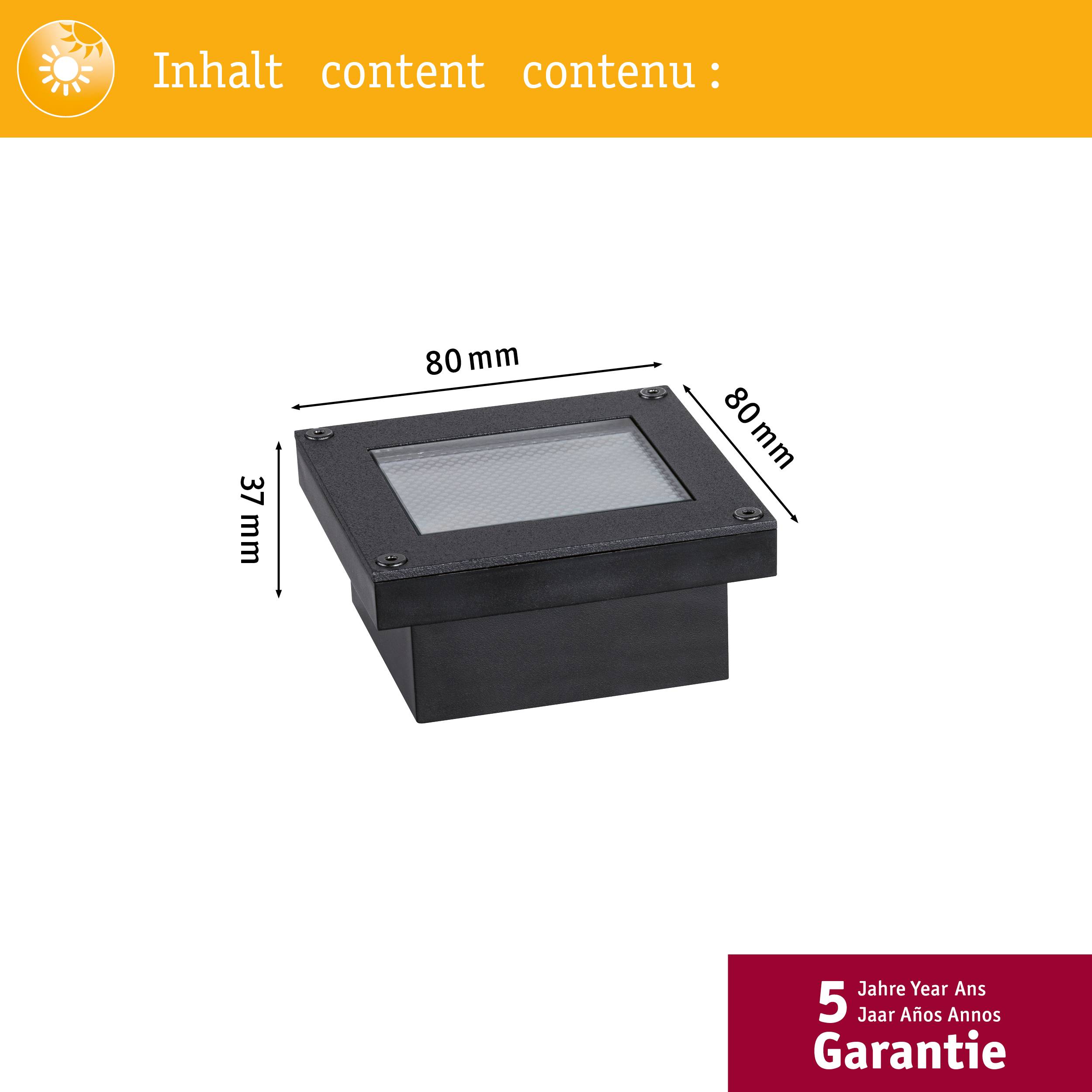 Integrovatelné LED svítidlo s rozměry 80 mm x 80 mm x 37 mm, 5 let záruka.