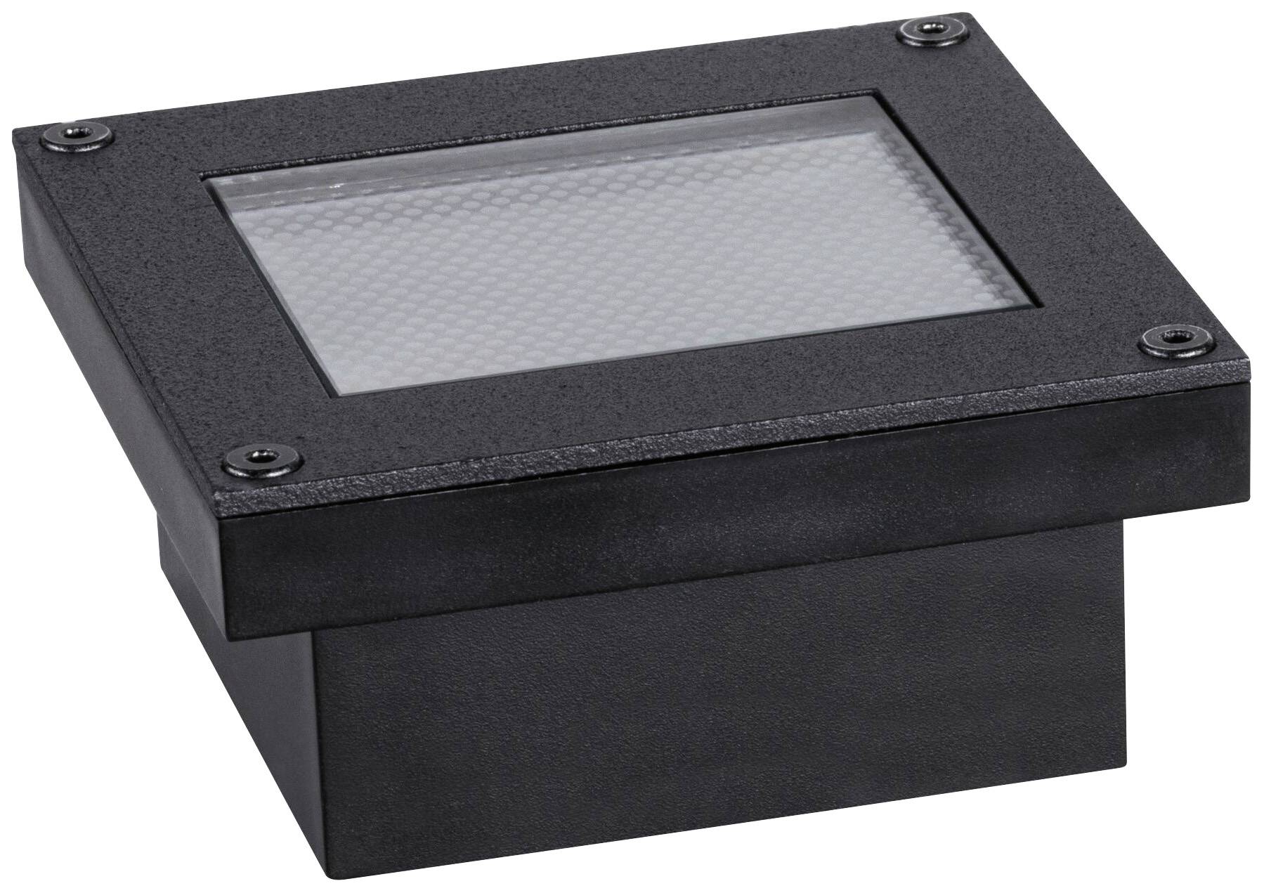 Čtvercový, černý zapuštěný reflektor se skleněným krytem, vhodný pro venkovní osvětlení ploch.
