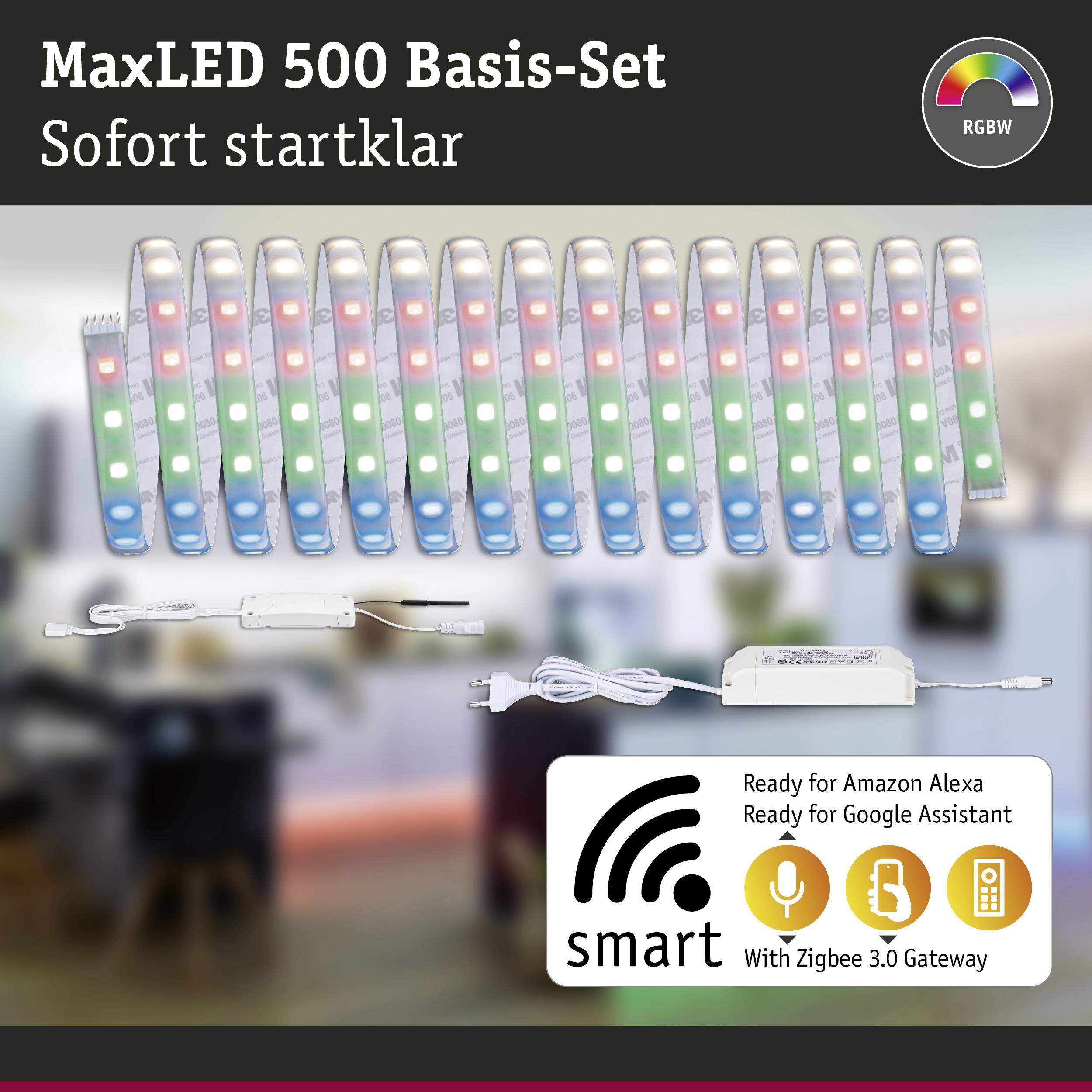 MaxLED 500 základní sada s RGBW LED páskem, kompatibilní s Amazon Alexou a Google Assistantem, obsahuje Zigbee 3.0 bránu.