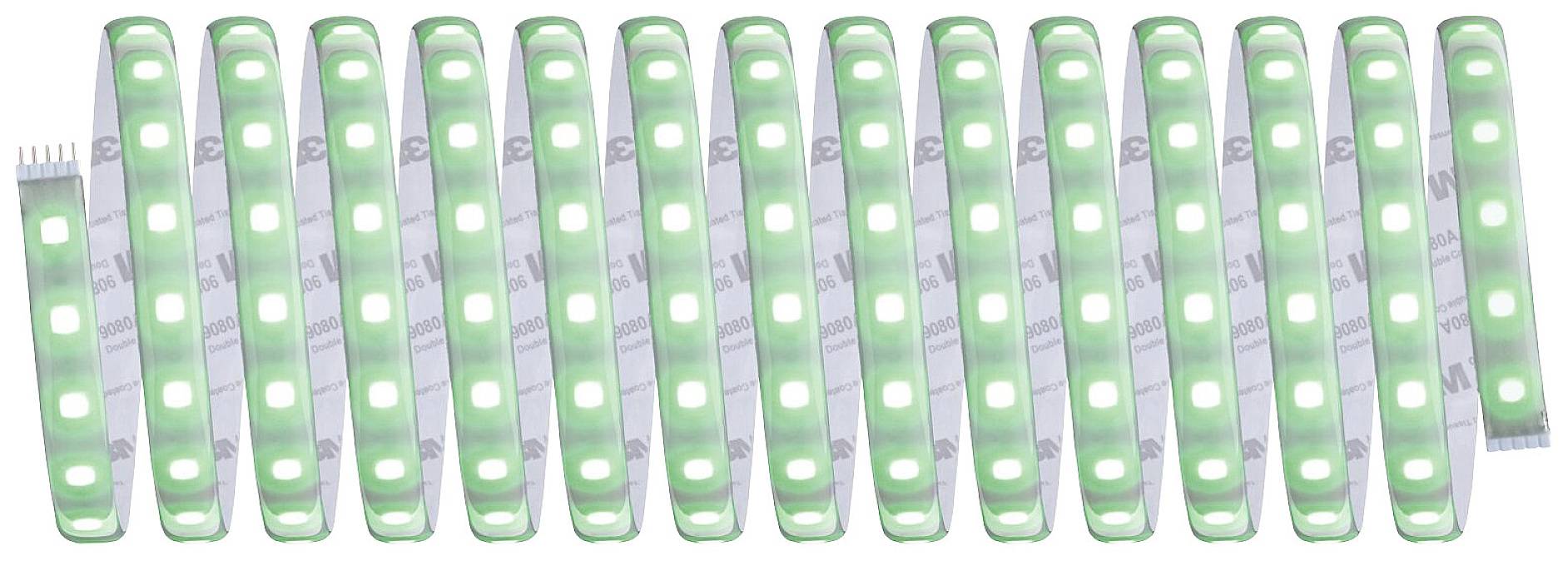 Řada 18 zelených LED lišt, symetricky umístěných vedle sebe, přičemž každá lišta obsahuje několik svítících LED.